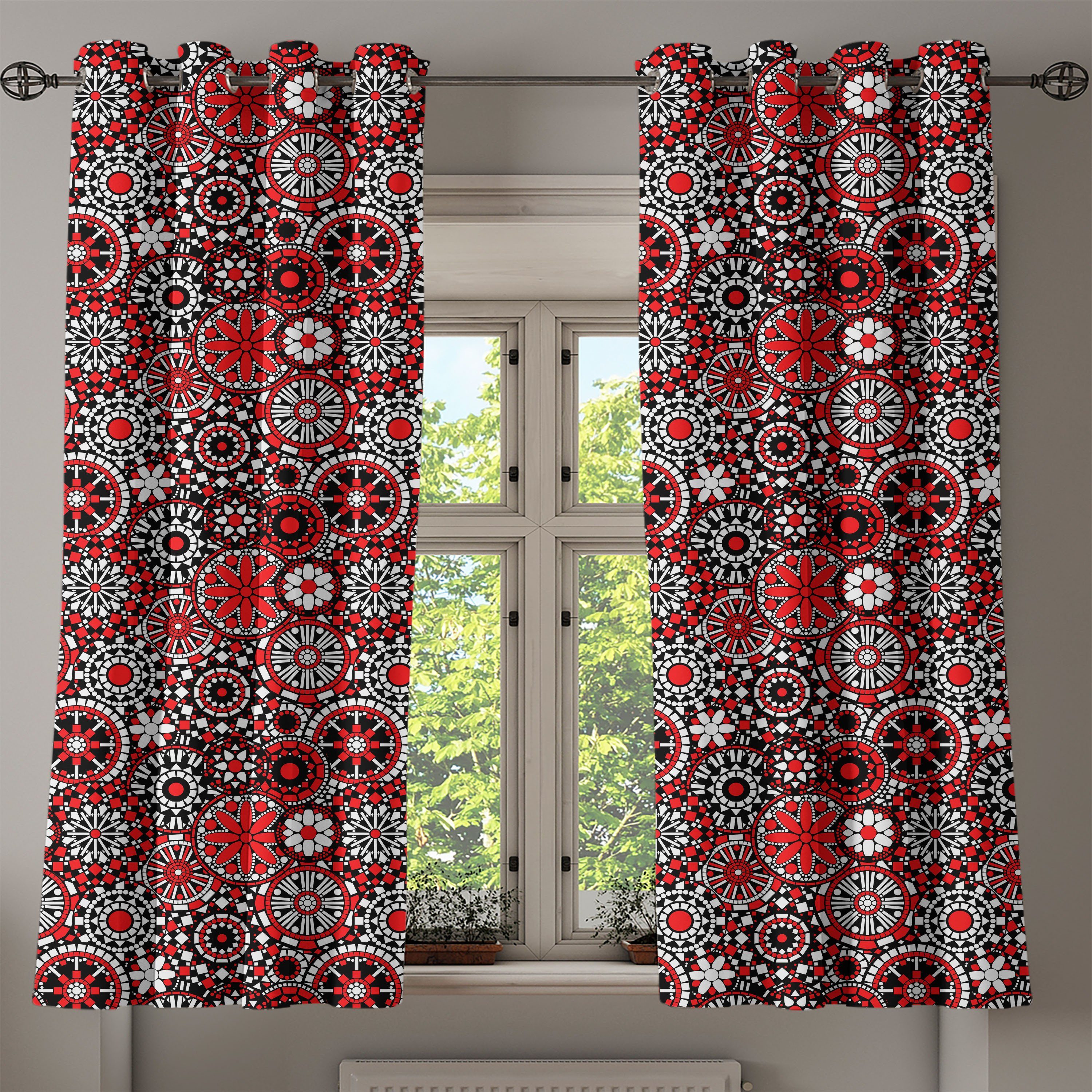 Dekorative 2-Panel-Fenstervorhänge für Gardine Blumen-Mosaik Wohnzimmer, Abakuhaus, Mandala Schlafzimmer Red