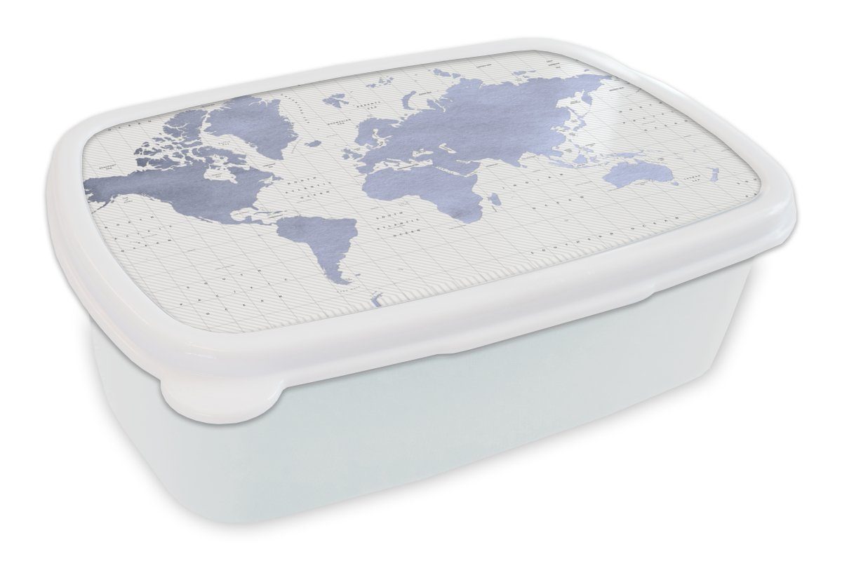 MuchoWow Lunchbox Weltkarte - Blau - Meer, Kunststoff, (2-tlg), Brotbox für Kinder und Erwachsene, Brotdose, für Jungs und Mädchen weiß