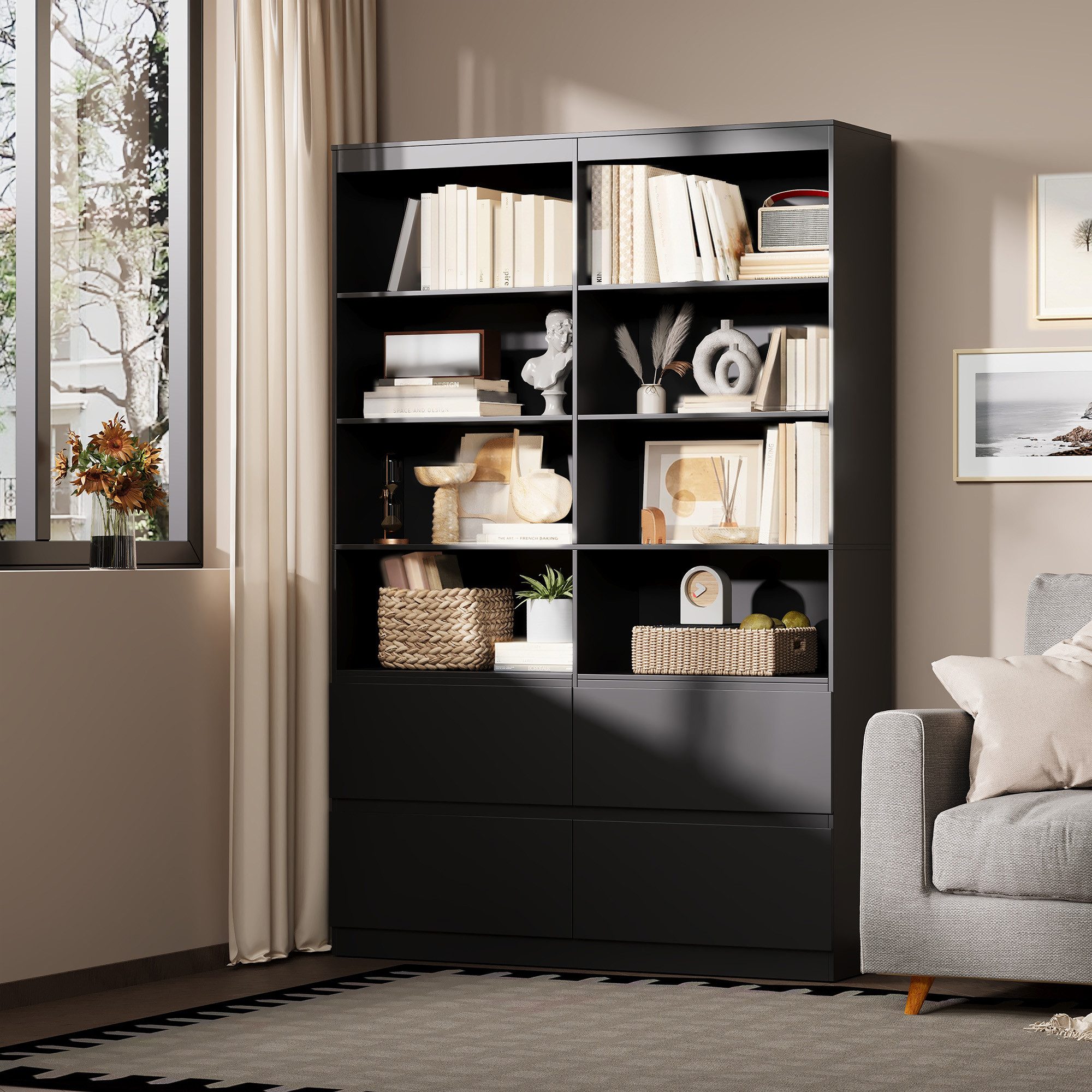 Bealife Bücherregal Bücherschrank Hochschrank mit 8 Fächern und 4 Schubladen