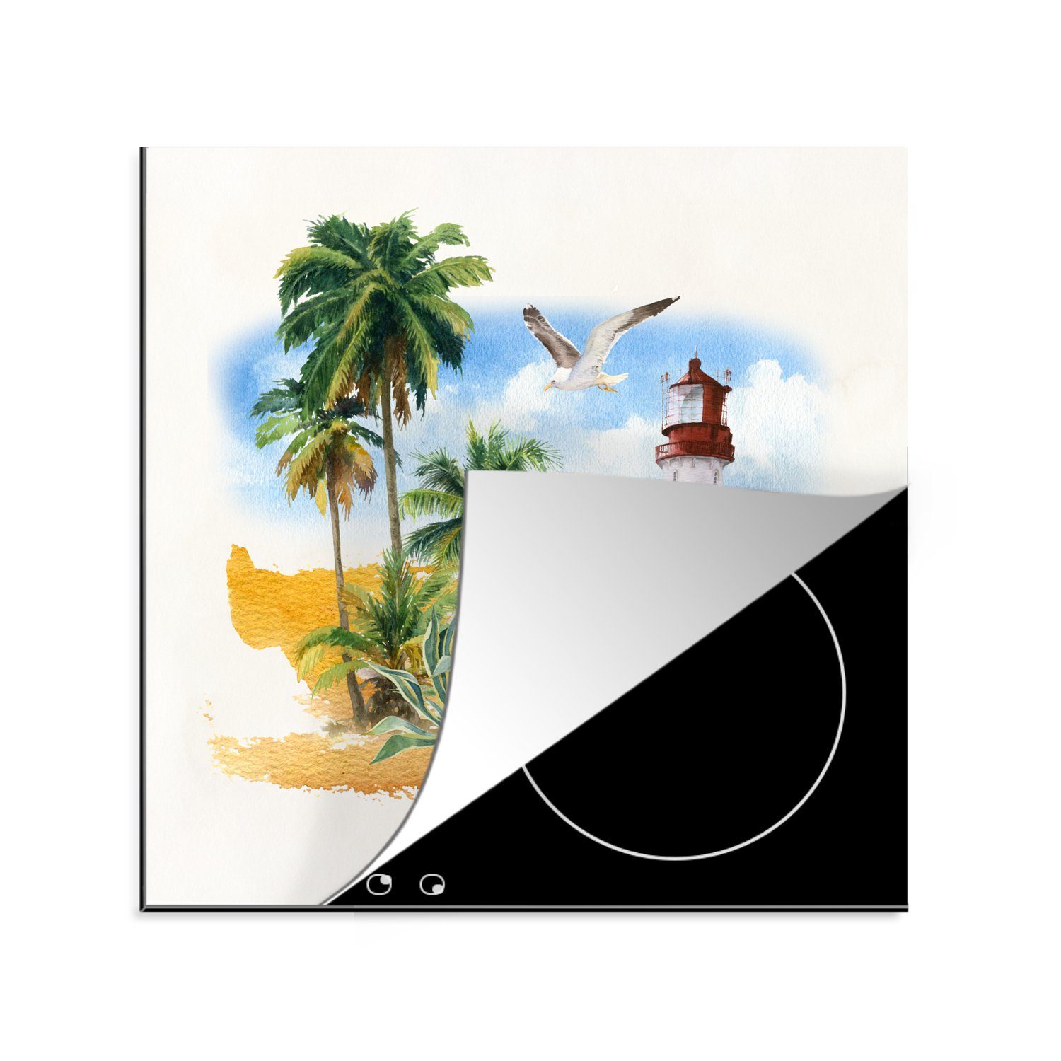 MuchoWow Herdblende-/Abdeckplatte Leuchtturm - 78x78 tlg), Vogel (1 cm, Vinyl, Palme küche Strand, Arbeitsplatte - für Ceranfeldabdeckung, 