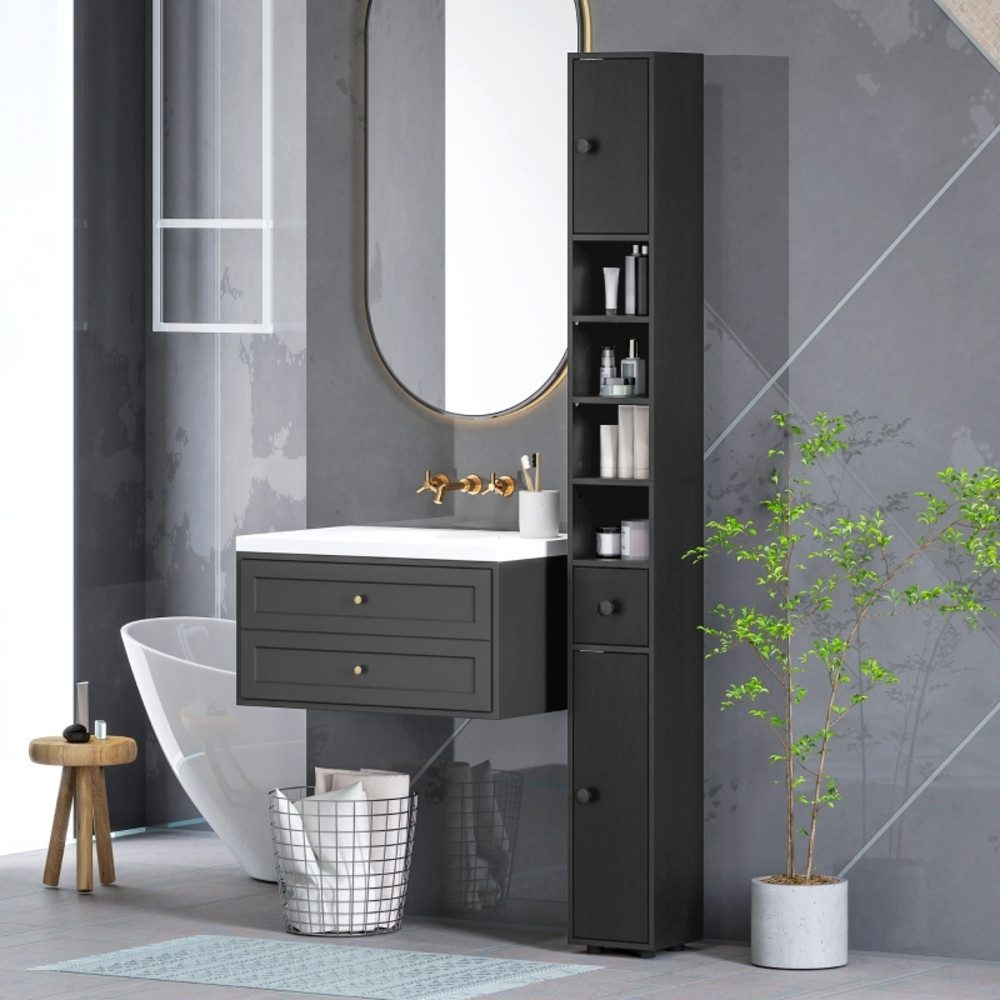 MODFU Hochschrank Badregal mit Schublade und 4 offenen Fächern (Packung, 1-St., Badezimmermöbel für kleine Räume und Nischen) Schmaler Badezimmerschrank Schwarz 20 x 20 x 180 cm