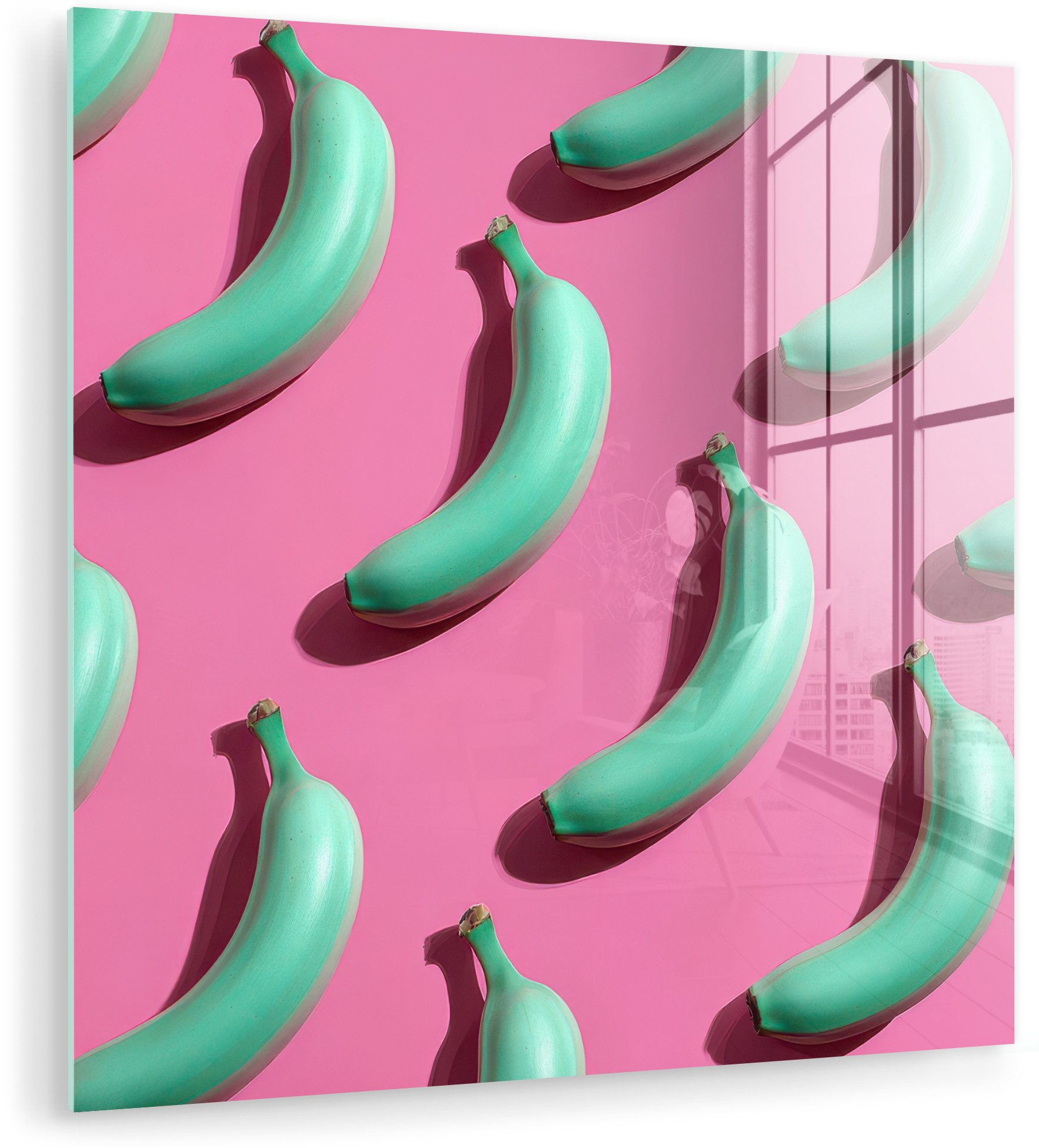MuchoWow Acrylglasbild Bananen - Muster - Blau - Rosa, Inkl. Aufhängung, Bilder auf Glas Wandbild, Wanddeko Wohnzimmer Badezimmer, 20x20 cm