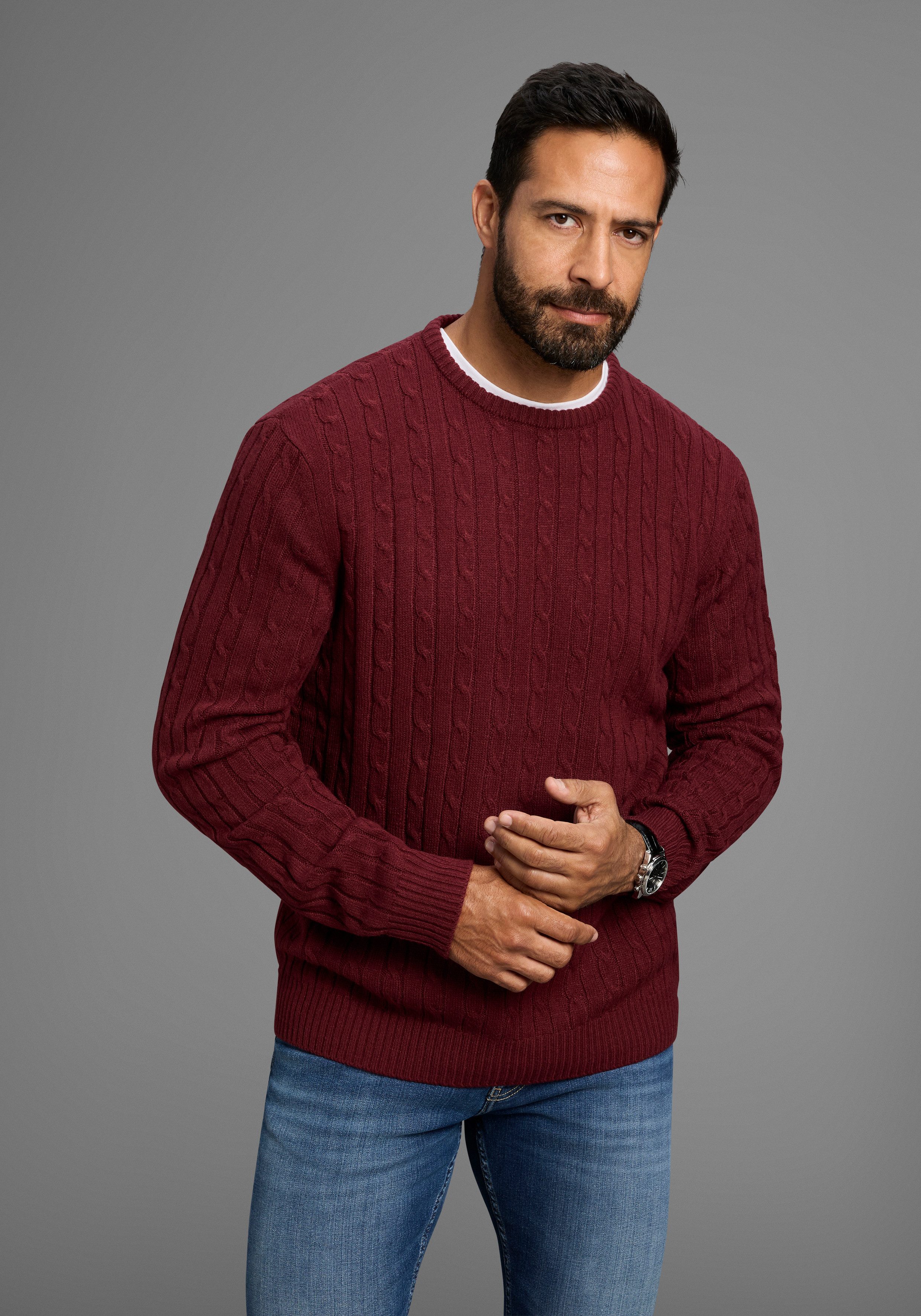 Man's World Rundhalspullover Neue Kollektion! Highlight allover Zopfmuster! günstig online kaufen