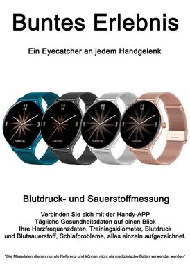 TPFNet SW17 mit Milanaise Armband für Damen - individuelles Display Smartwatch (Android), Armbanduhr mit Musiksteuerung, Herzfrequenz, Schrittzähler, Kalorien, Social Media etc., Blau