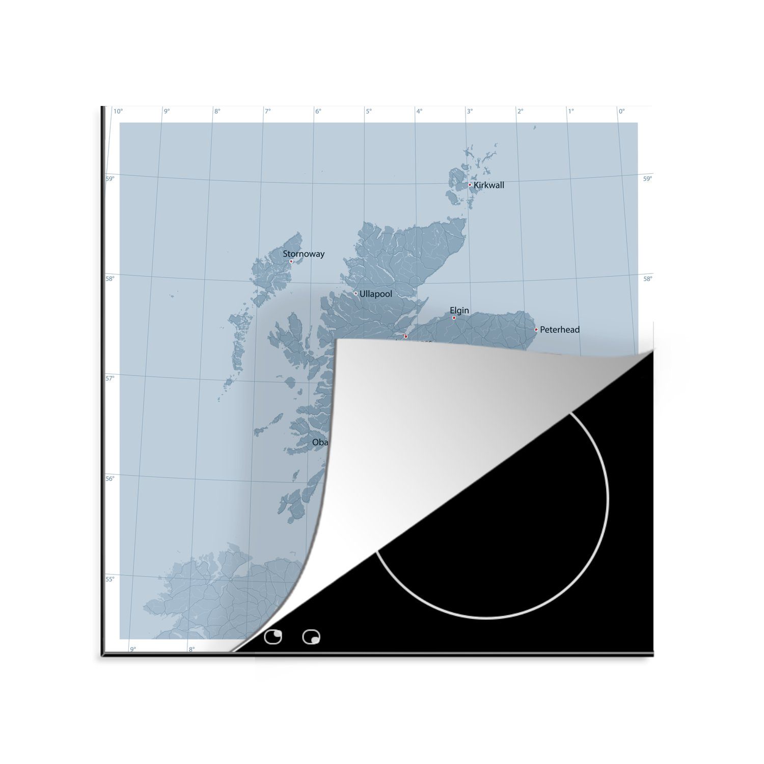 MuchoWow Herdblende-/Abdeckplatte Blaue Karte von Schottland mit den wichtigsten Städten, Vinyl, (1 tlg), 78x78 cm, Ceranfeldabdeckung, Arbeitsplatte für küche