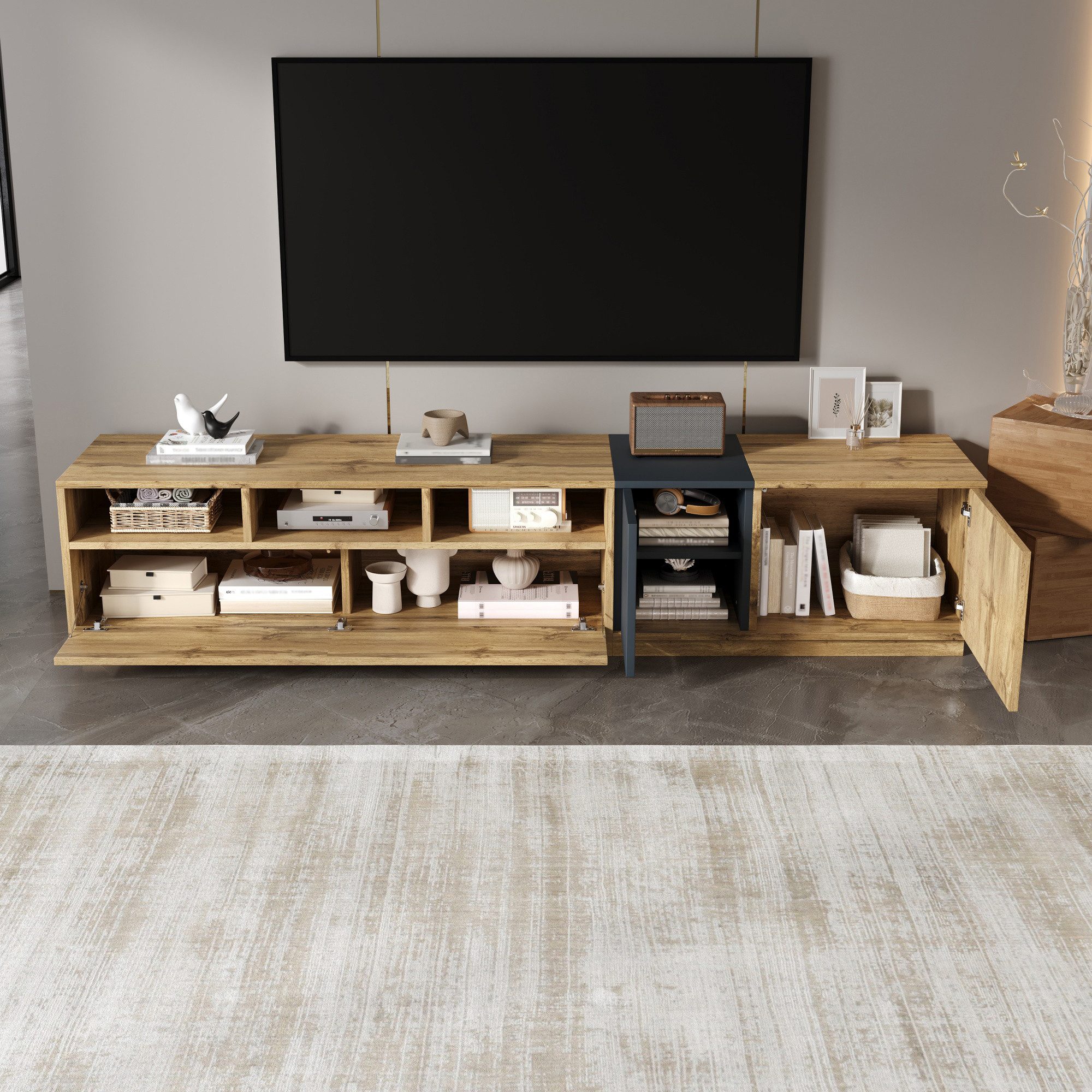 SONNI Lowboard Lowboard TV Schrank Holzfarbe 200 cm breit Modernes Design, mit Holzplatte, viel Stauraum, Kabeldurchlässe, stabil – Bild 2 von 5