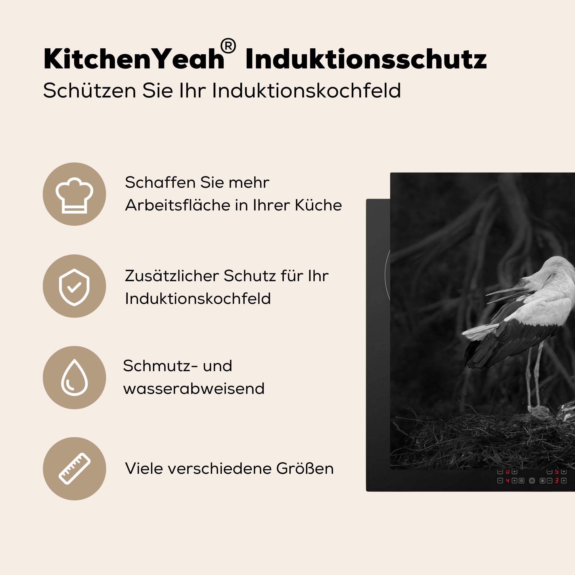 MuchoWow Herdblende-/Abdeckplatte tlg), die Nahaufnahme küche, Storchenfamilie, Schutz Induktionskochfeld Vinyl, (1 Ceranfeldabdeckung 81x52 cm, für