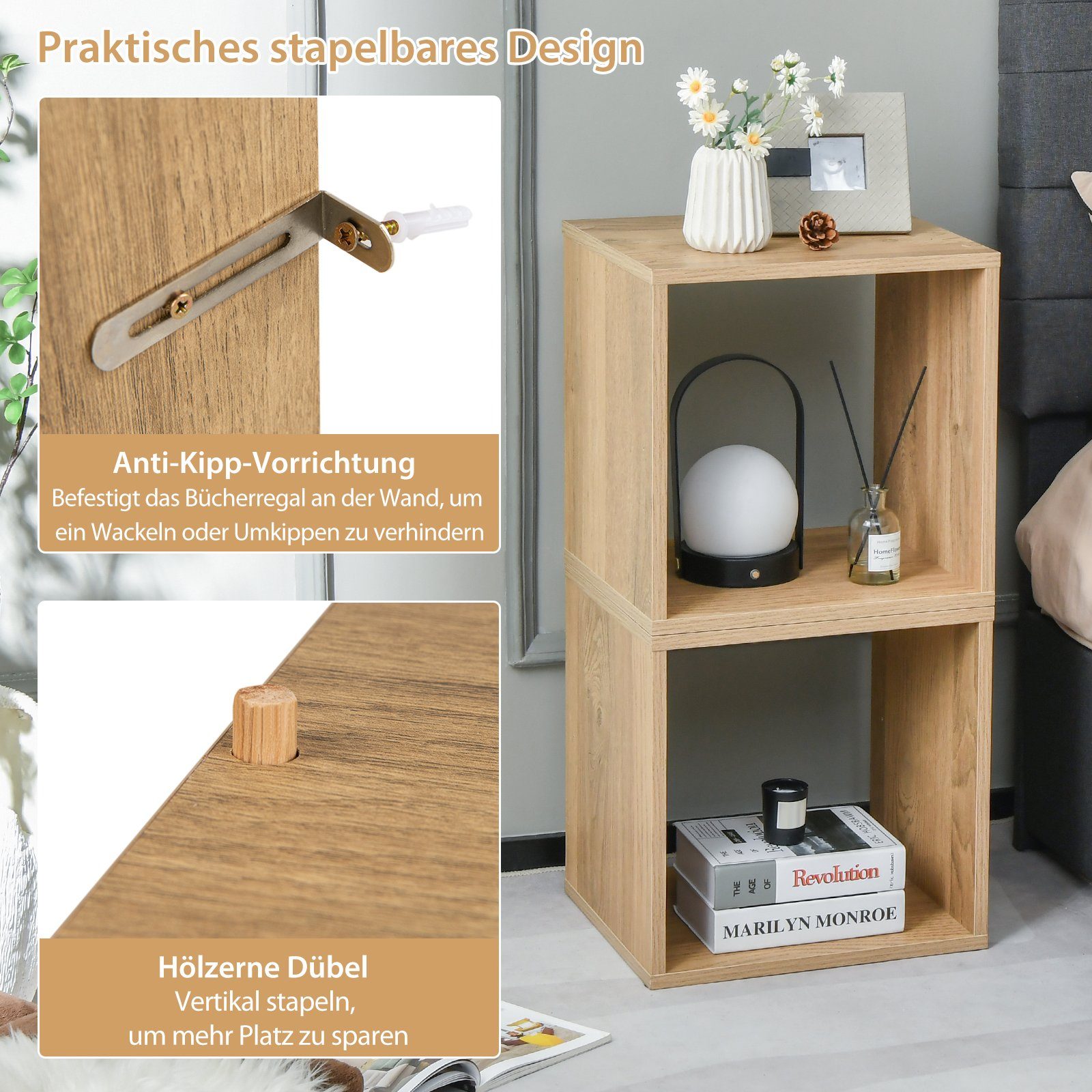 COSTWAY Bücherregal 2er Set Würfelregalen, 2-tlg., stapelbar, mit 2 Fächern – Bild 5 von 5