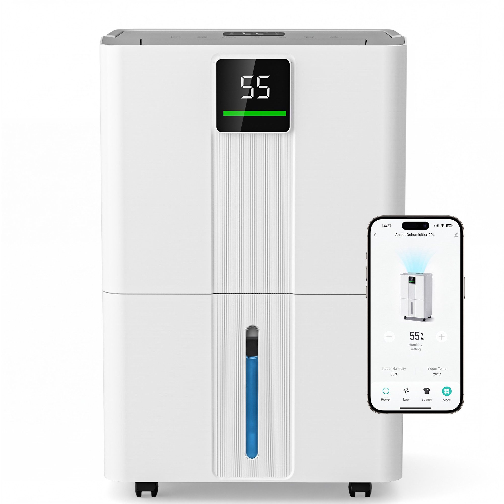 Furnicopia Luftentfeuchter 20L/Tag WLAN, 4,3LTank, Sensor, leise, Auto-Abtauung, Timer, für 200 m³ Räume, Entfeuchtung 30 l/Tag, Tank 5,5 l, R290, 5,5L Tank, Timer, Kindersicherung & 360° Rollen.