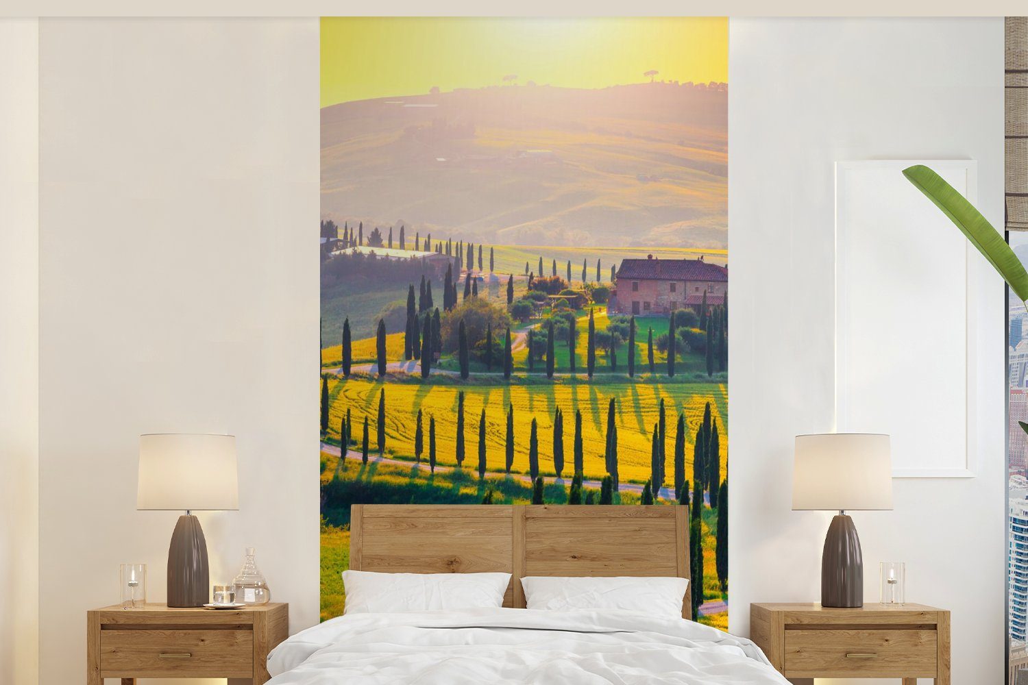 Küche, Landschaft, Sonne Vliestapete Gras bedruckt, Fototapete - für Wohnzimmer Fototapete (2 Hügel Schlafzimmer MuchoWow Matt, - - St),