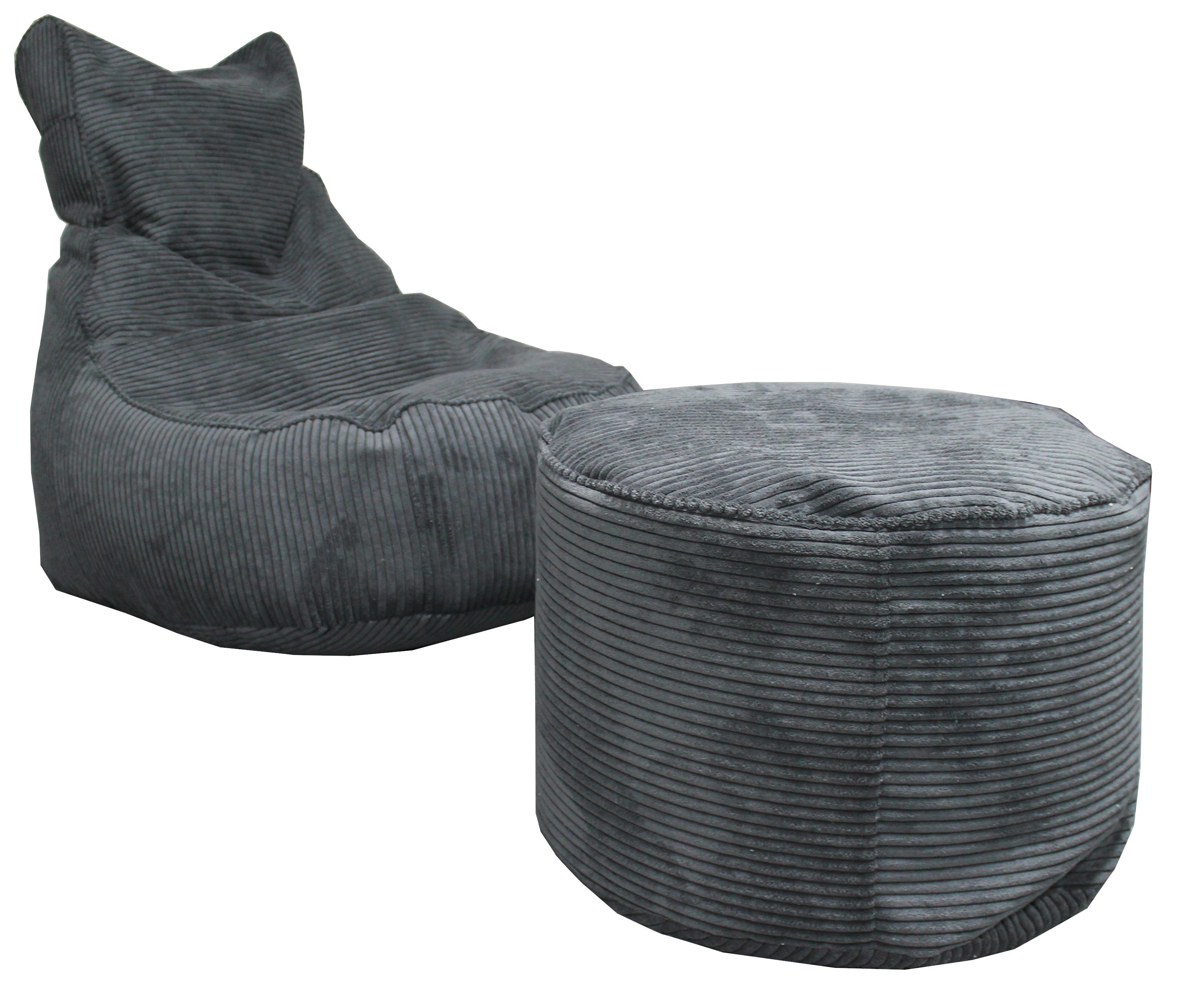 k-hometrends Sitzsack LoungeMate Sitzsack mit Hocker, Cord, Grau, Sitzsack mit Hocker