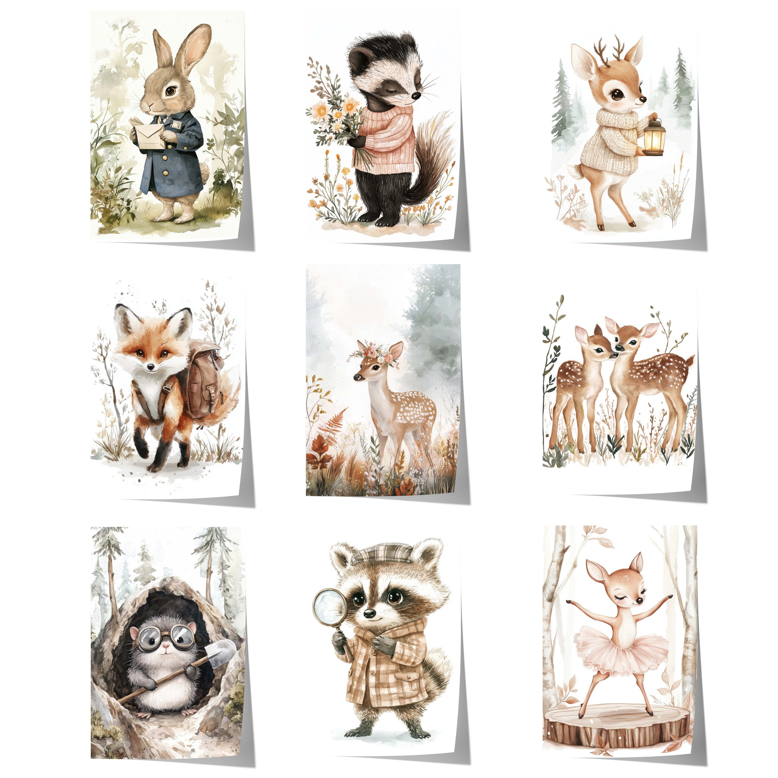 JUSTGOODMOOD Poster Niedliche Waldtiere Kinderzimmer Aquarell Reh Fuchs Waschbär Hase Baby, H (1 St)