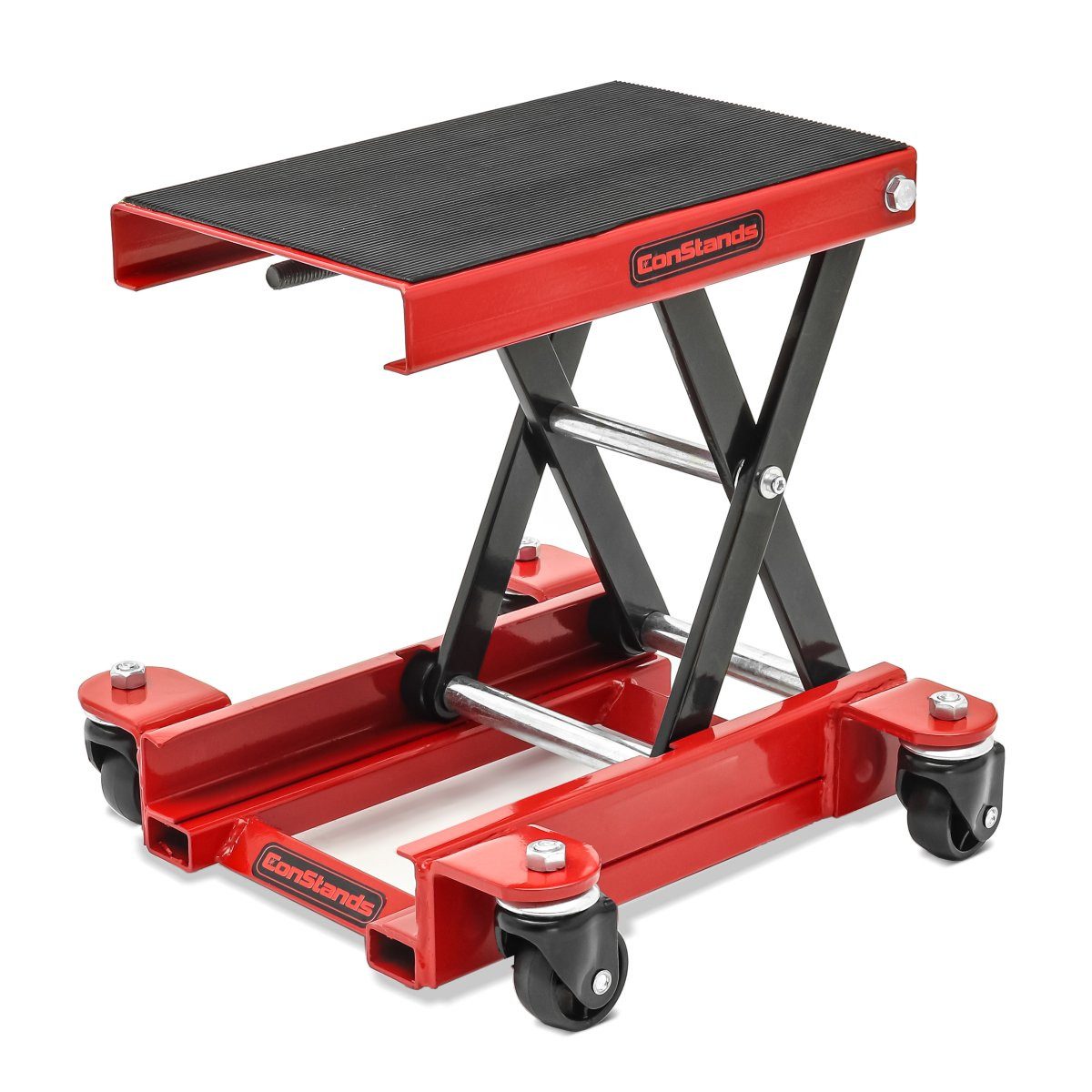ConStands Motorradheber Set: Hebebühne Mini-Lift Mover bis 500 kg rot + Motorradwippe Easy-Plu
