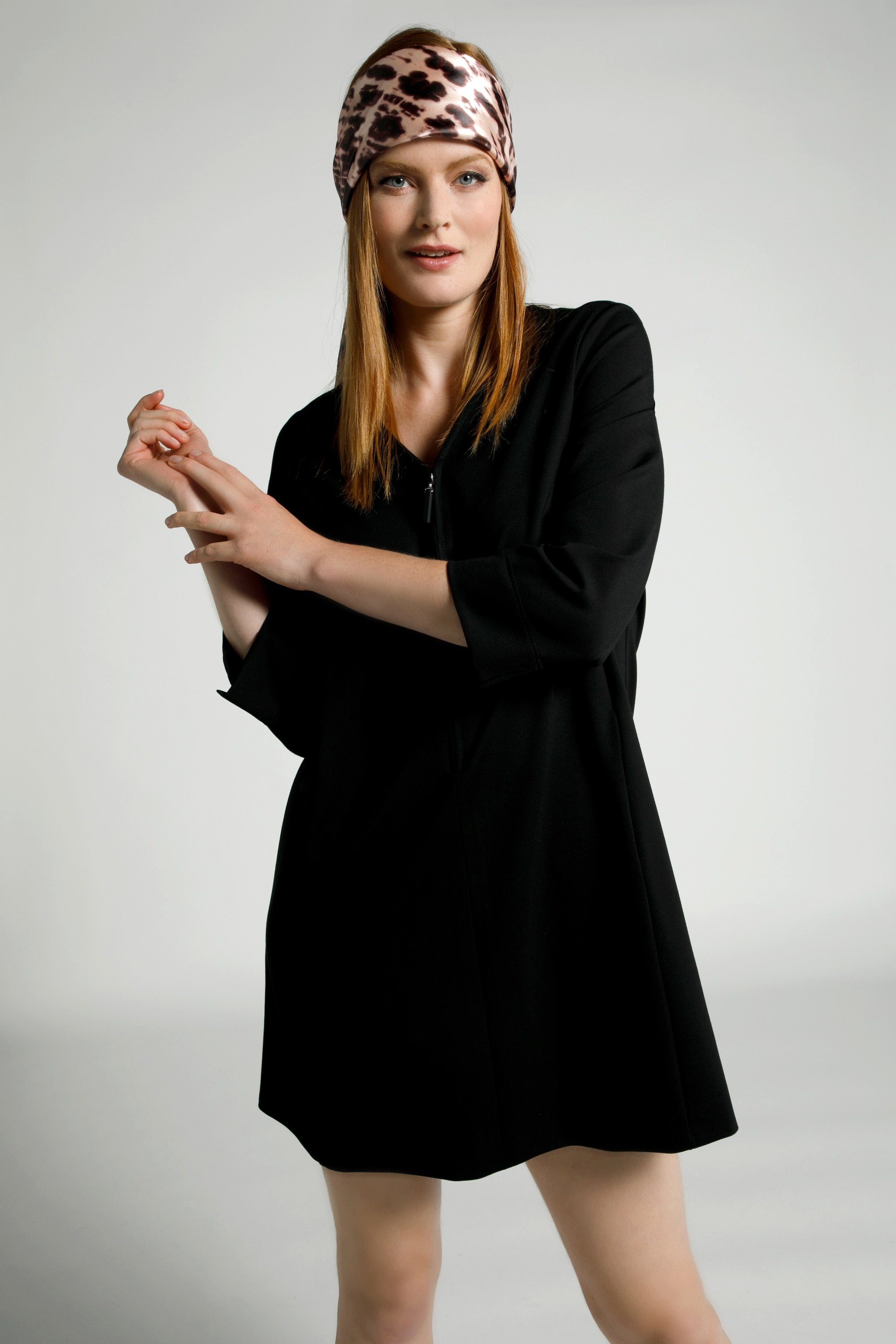 Ulla Popken Jerseykleid Kleid Reißverschluss V-Ausschnitt 3/4-Arm schwarz | Jerseykleider