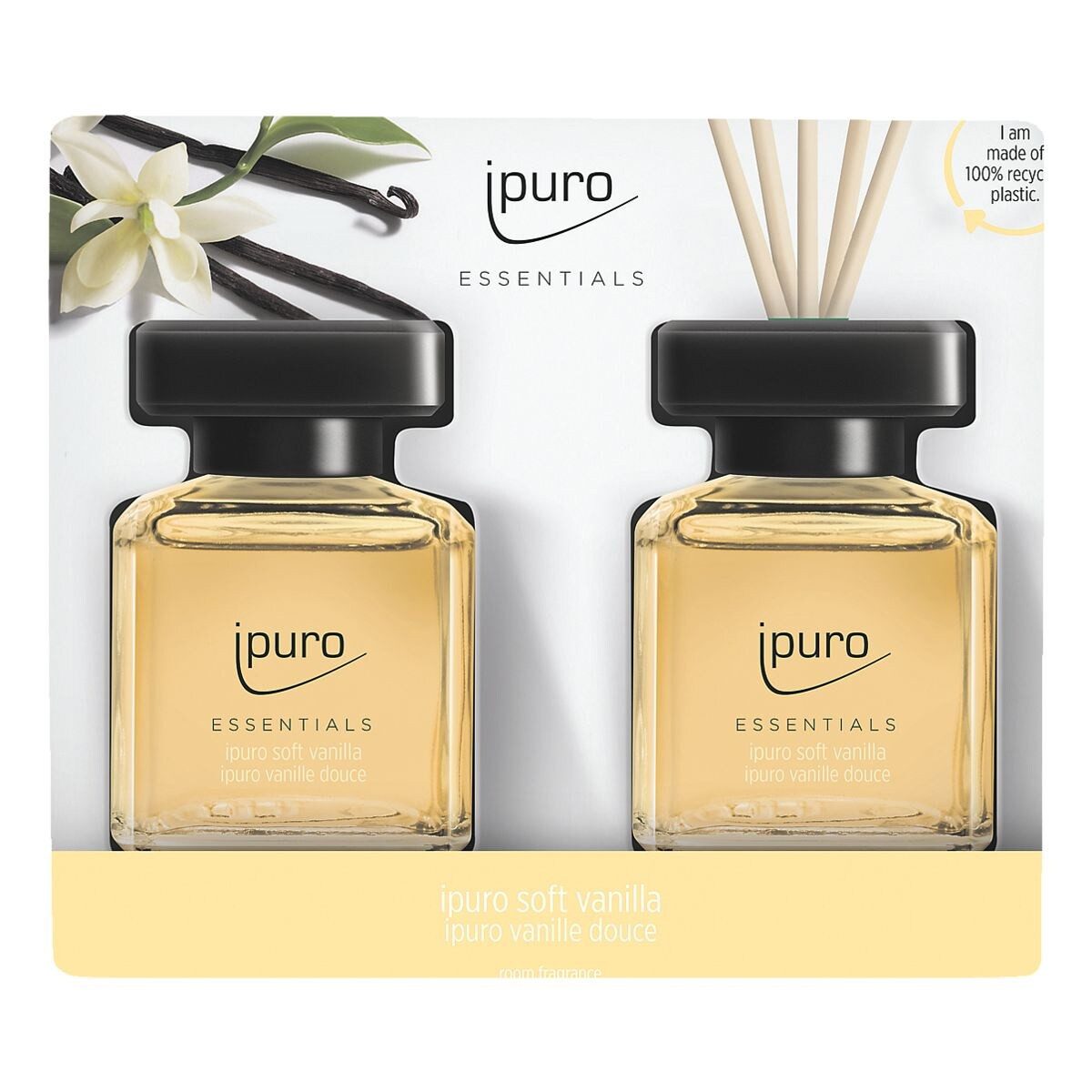 IPURO Raumduft Soft Vanilla Touch, 2x 50 ml, Glasflakon mit Rattan-Holzstäbchen