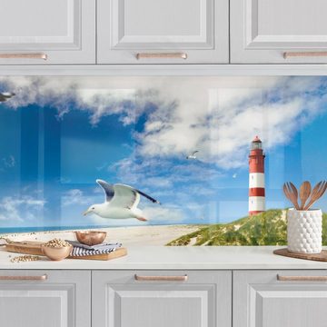 Bilderdepot24 Küchenrückwand blau dekor Natur Strand Meer Wandpaneel Küche Dune Breeze, (1-tlg., Nischenrückwand - für Fliesenspiegel ohne Bohren - matt), Spritzschutz Rückwand Küche Herd - Folie selbstklebend versch. Größen