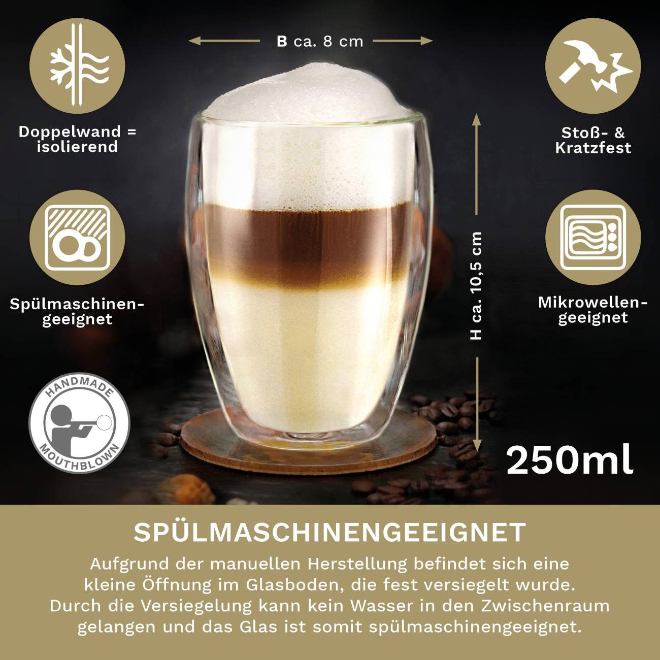 Creano Teeglas Thermogläser doppelwandig 250ml „DG-Hoch“, 4er Set aus Borosilikatglas