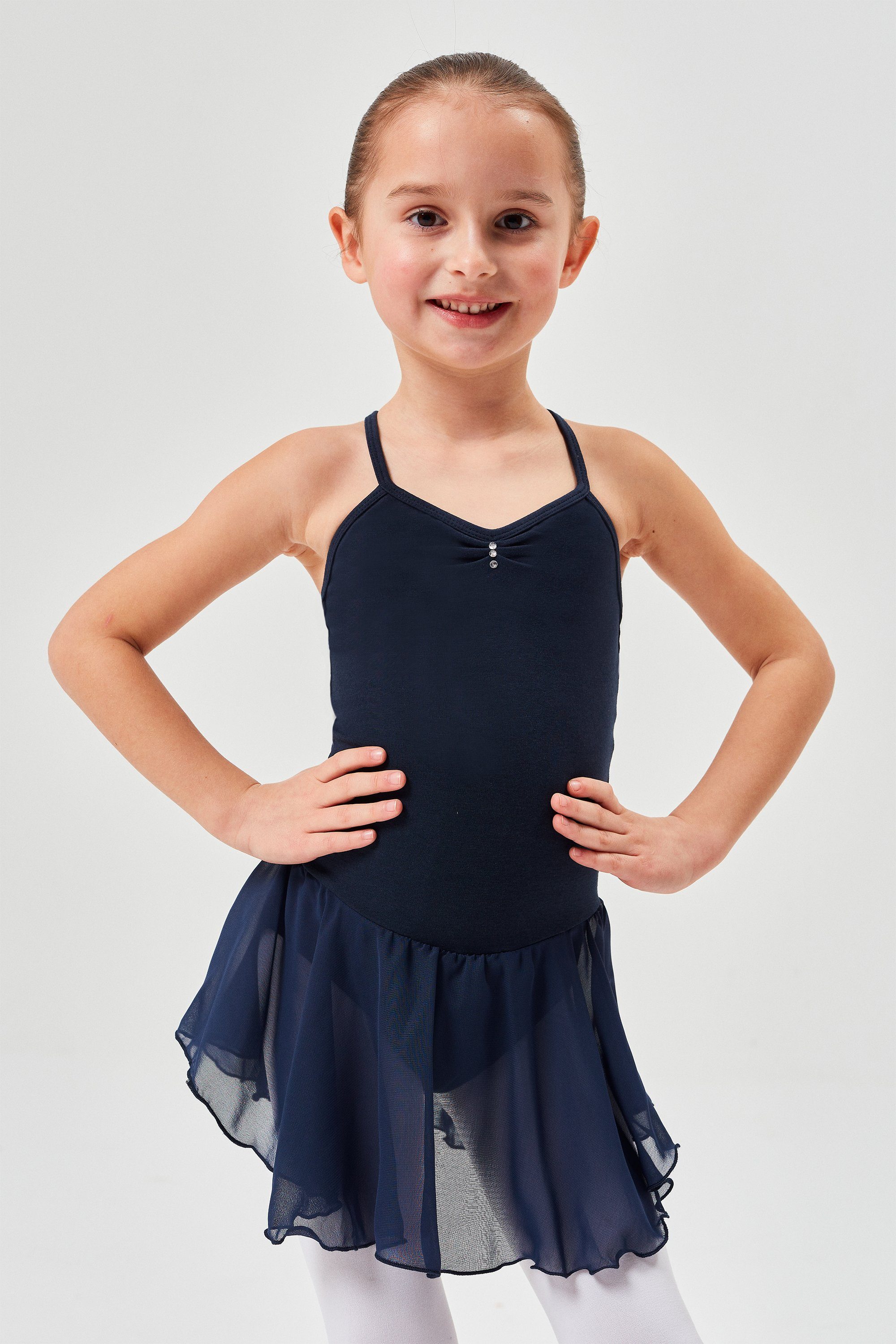 tanzmuster Chiffonkleid Ballettkleid Maja mit Glitzersteinen Mädchen Ballettbody mit Chiffon Röckchen