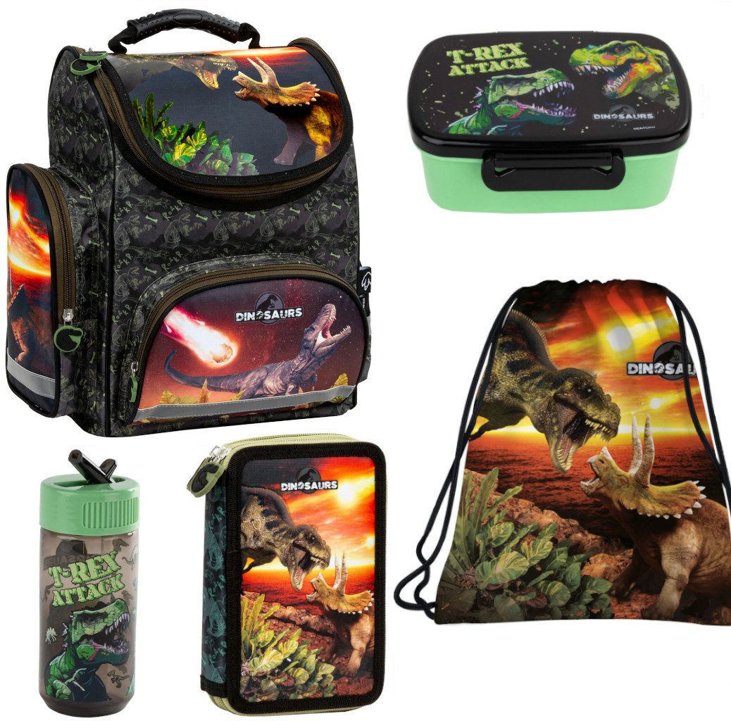 DERFORM Schulranzen 5 tlg. Set Tornister Dinosaurier Dino Turnbeutel Brotdose Federtasche (Set, 5-tlg., Brotdose und Trinkflasche, Schulranzen mit Federmappe Turnbeutel)