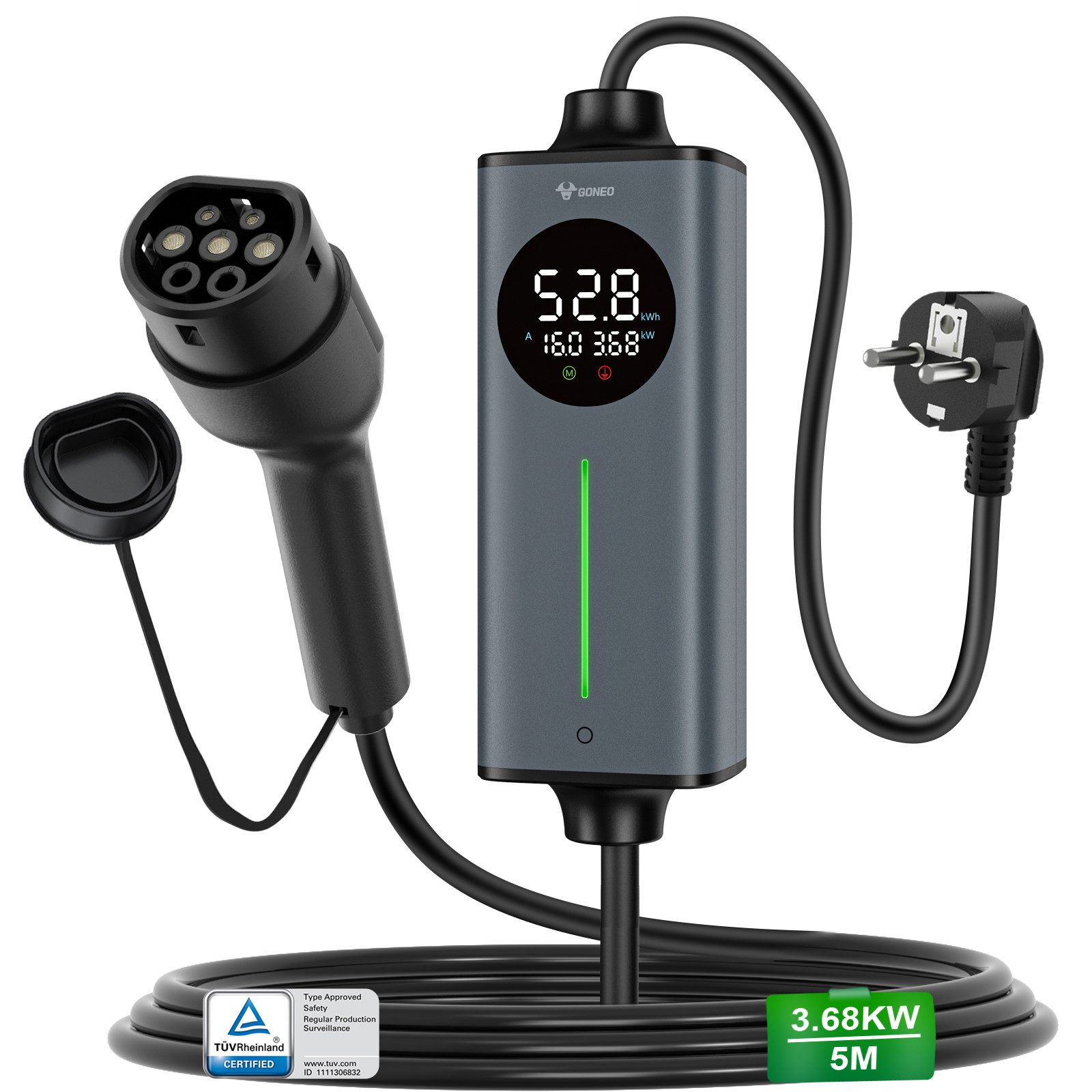 GONEO Elektroauto-Ladestation, Typ 2 Ladekabel Schuko, 3,7kW / 16A, 1-phasig, Tragbares Elektroauto-Ladegerät, Einstellbare Ladeleistung & Timer