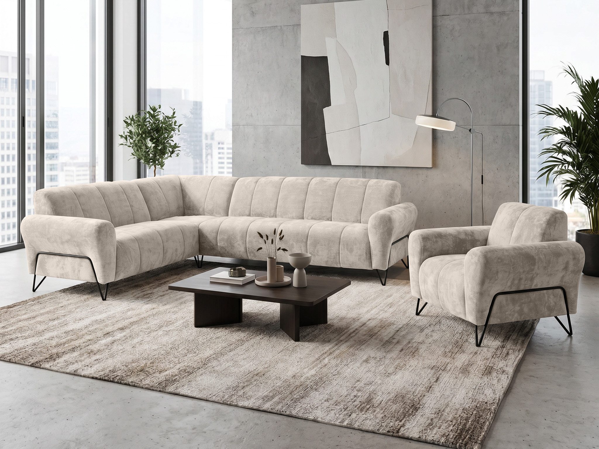 Beautysofa Polstergarnitur im modernen Stil auf hohen Metallbeinen VOLARE, (Sofagarnitur aus Chenille-Stoff, Beige Grau, Ecksofa L + Sessel Set moderne Couchgarnitur), HR-Schaum, Wellenfederung, freistehend