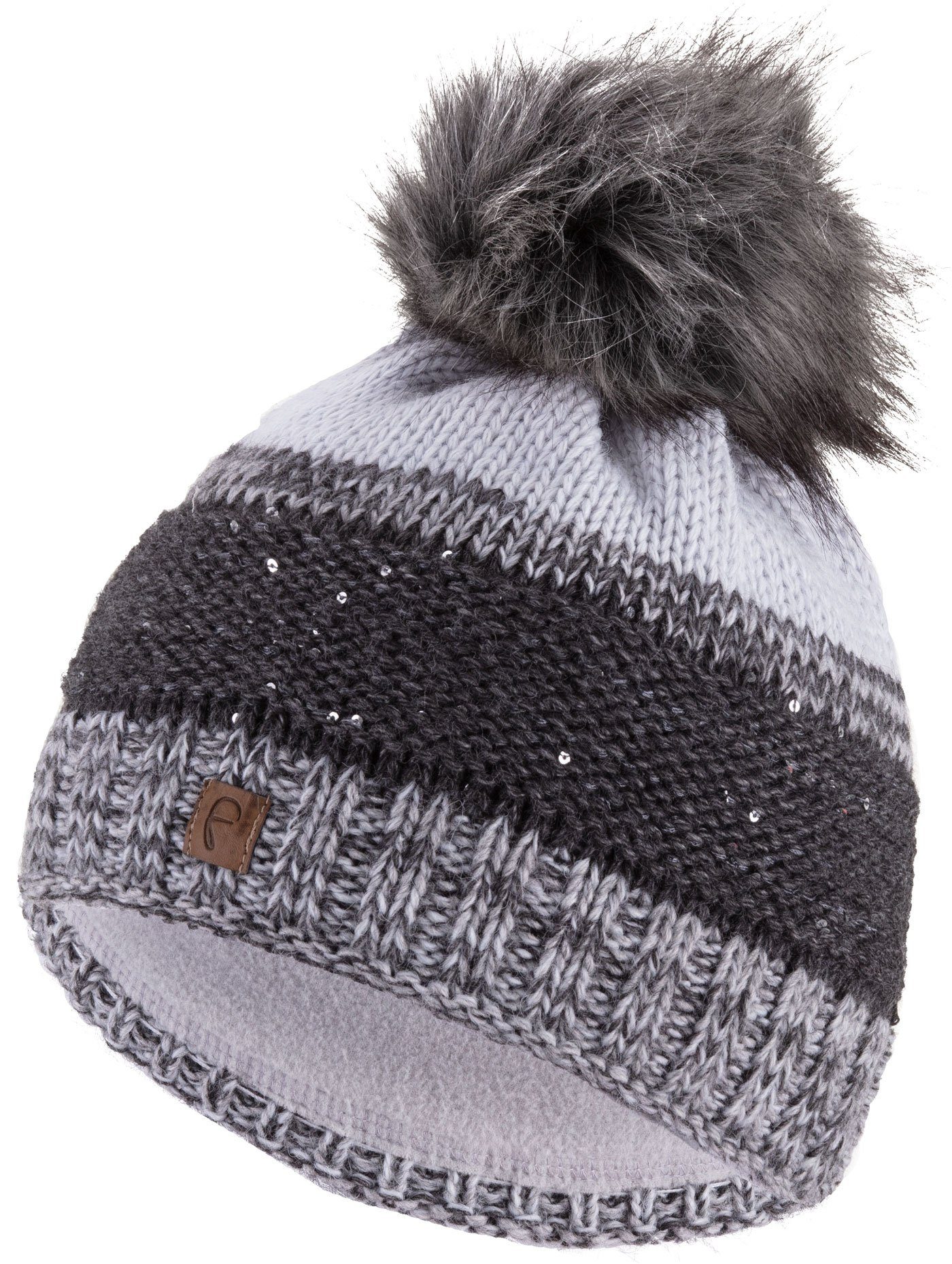 grau Faera Grobstrick gefüttert Fleecefutter Beanie Bommelmütze Bommelmütze (1-St) Wintermütze