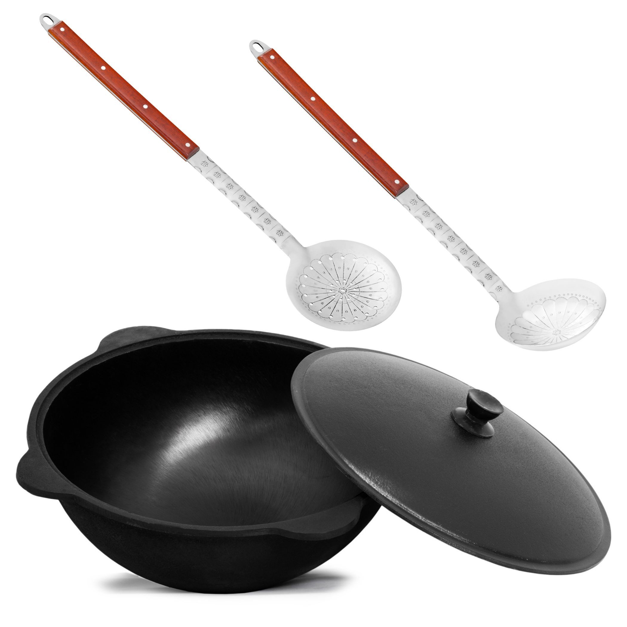 BIG-PAN Feuertopf Original Usbekischer Kasan 16 L Gusseisen Aluminium-Deckel Dutch Oven, Gusseisen (inkl. Schöpfkelle Schaumlöffel, Uzbekischer Kessel Namangan), asiatischer Topf für Plov Wok Eintöpfe