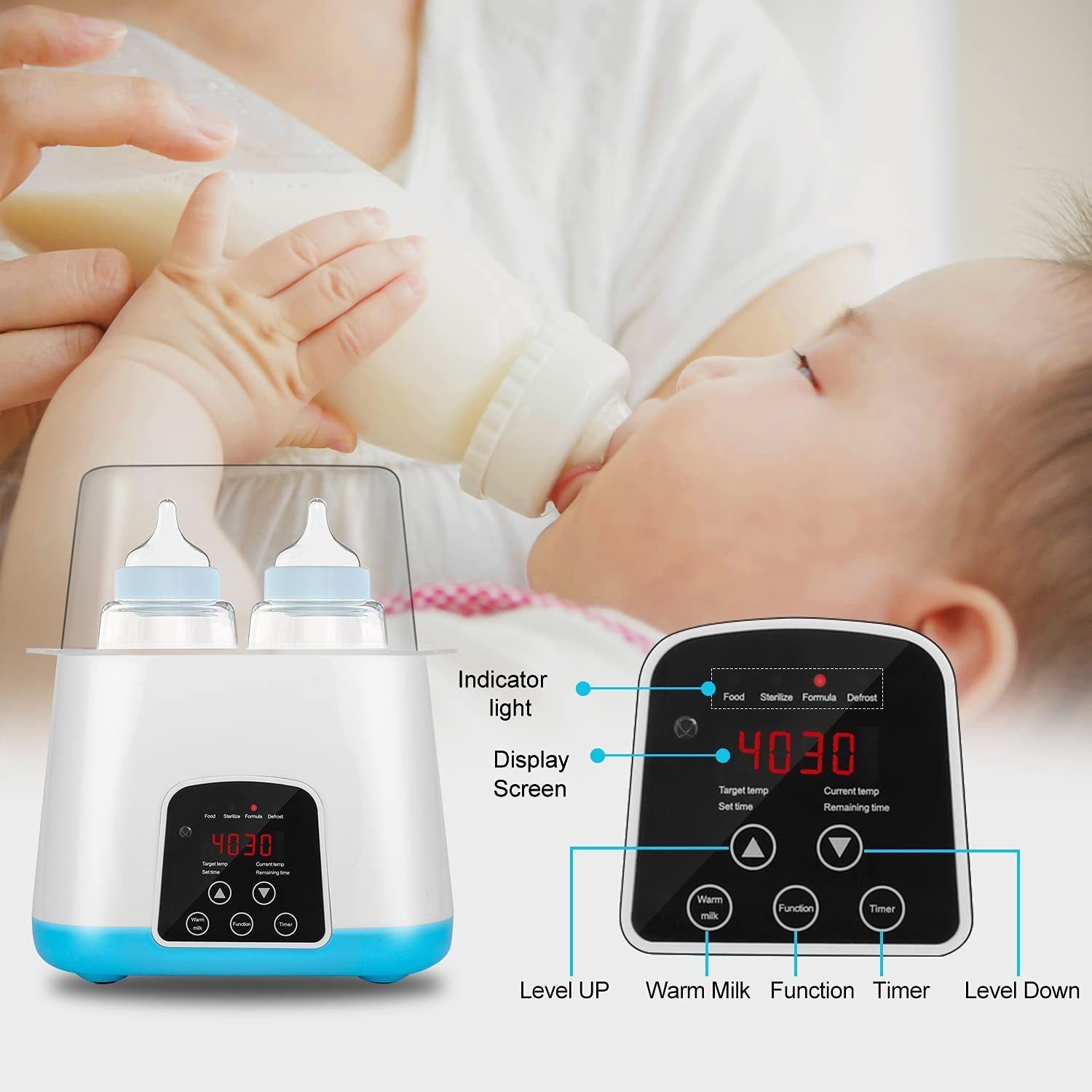 Baby Ja Babyflaschenwärmer Baby 6 LED-Display, 24h, in Babykostwärmer, Temperatur in Ergänzungskost Blau Konstante Flaschenwärmer, Warme 1
