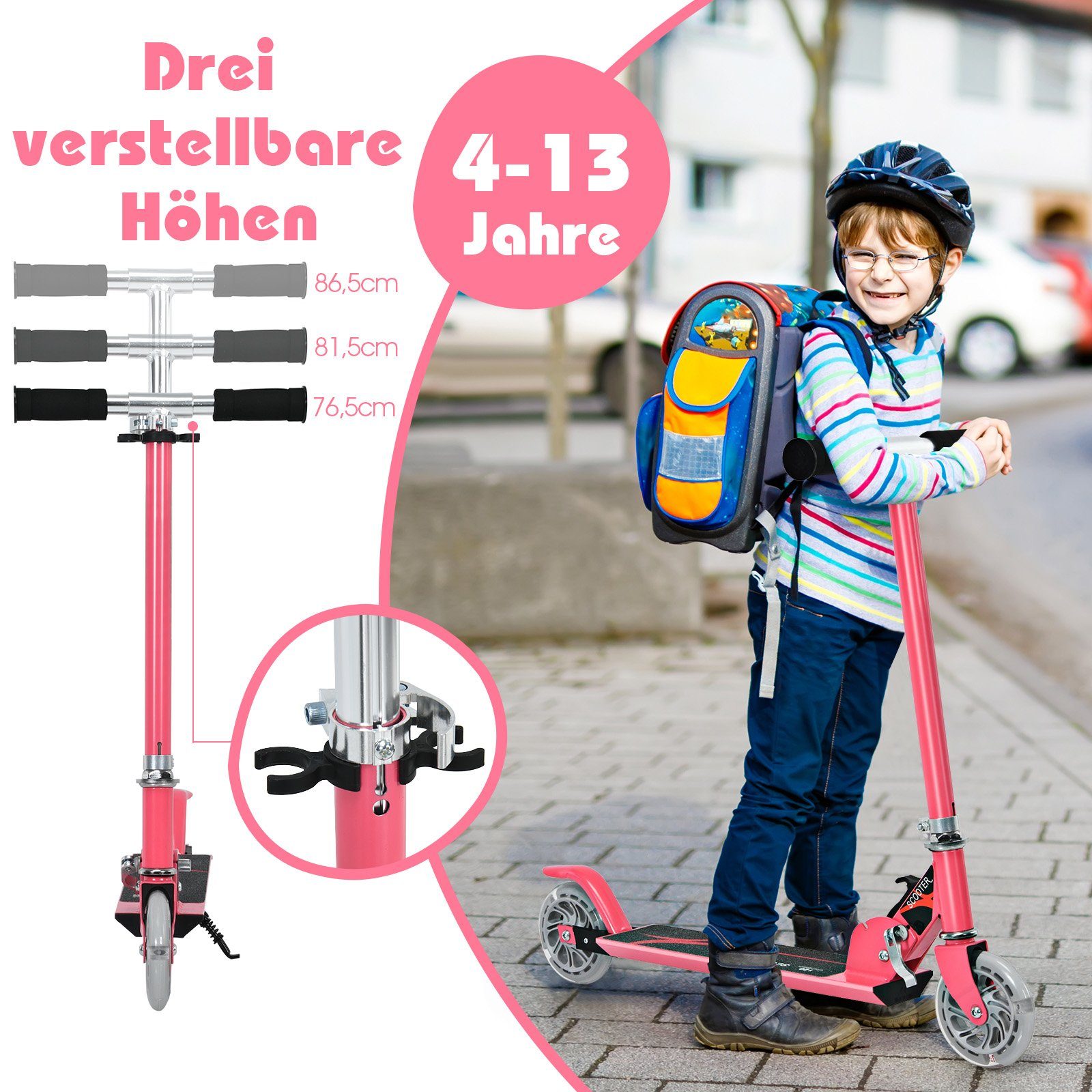COSTWAY Scooter Kinder Cityroller, Aluminium, höhenverstellbar, klappbar, mit 2 LED Räder