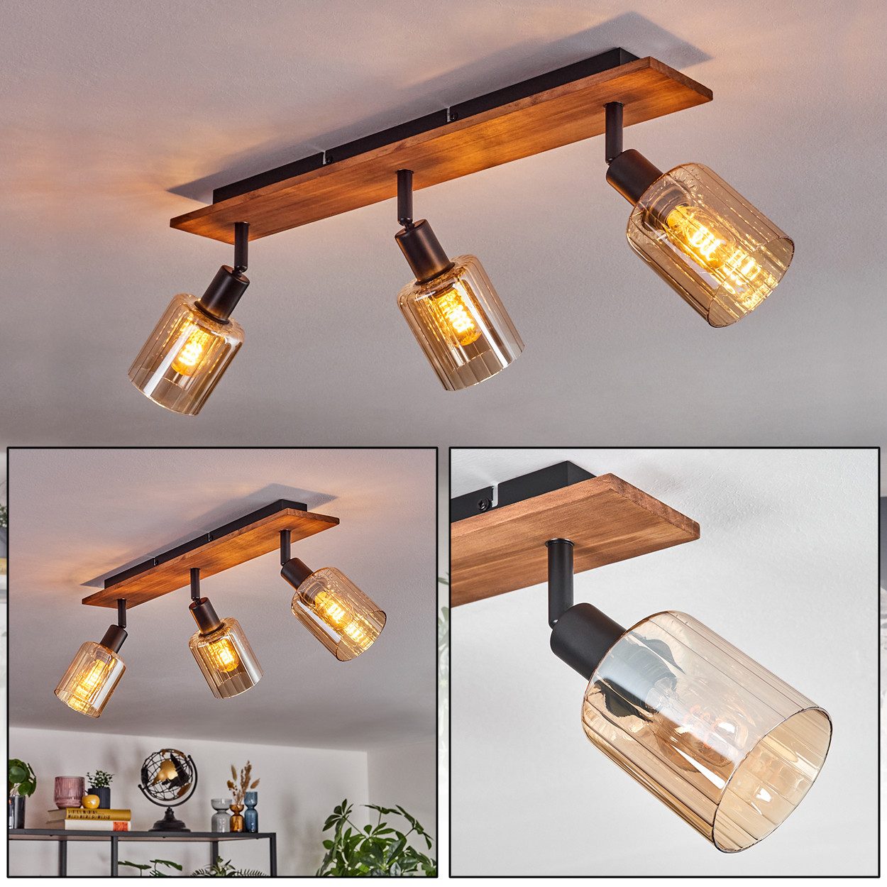 hofstein Deckenleuchte Deckenlampe aus Metall/Holz/Glas in Schwarz/Natur/Be günstig online kaufen