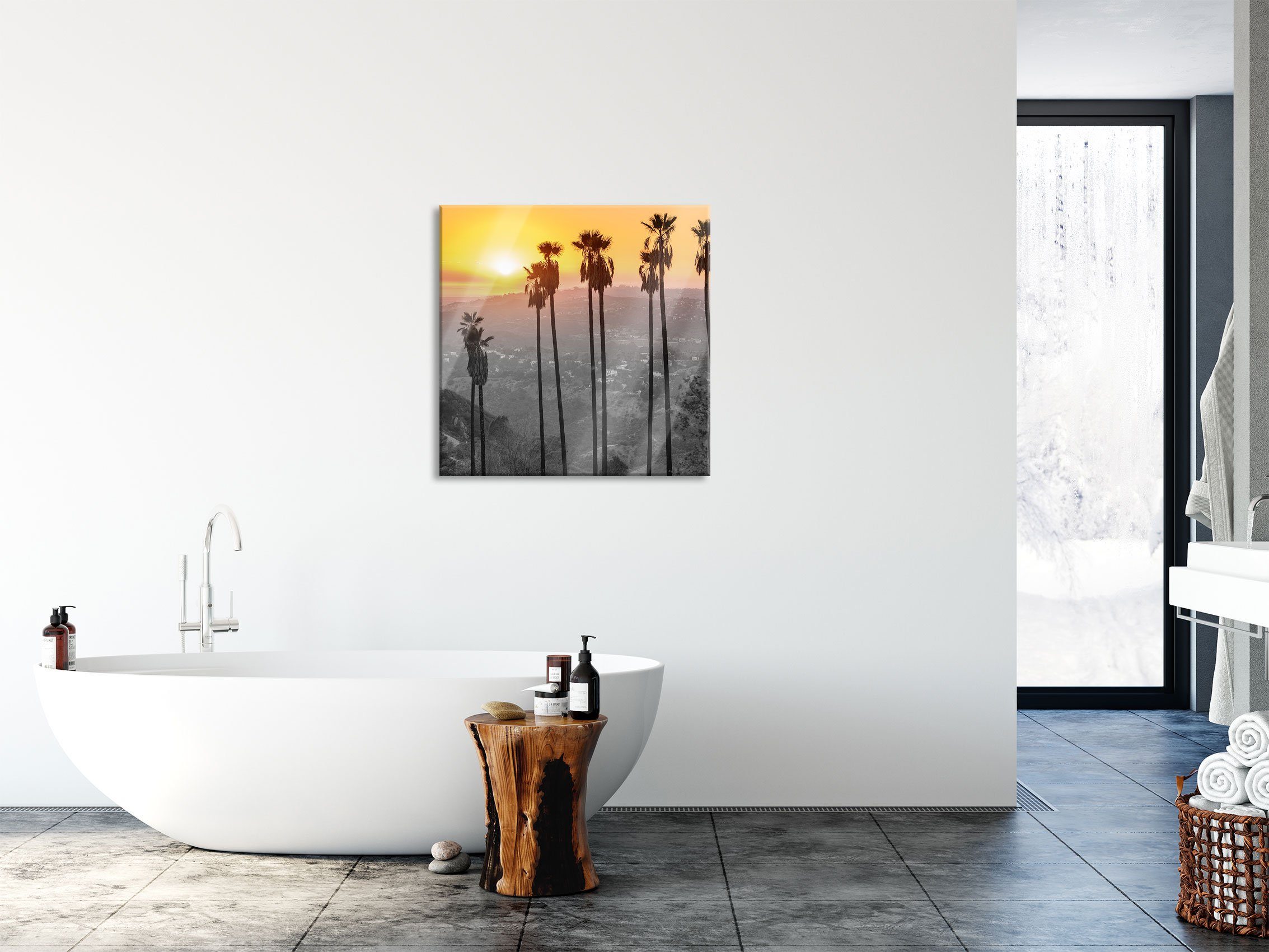 Hollywood Glasbild Glasbild Hills den inkl. auf und Echtglas, Hollywood Abstandshalter Hills, Aussicht Pixxprint Aussicht St), den Aufhängungen (1 aus auf