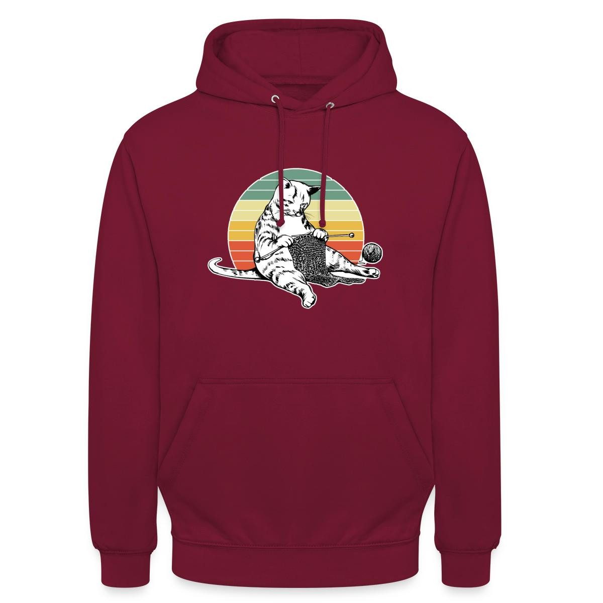 Spreadshirt Hoodie Strickende Katze, Retro Katze Mit Wolle Unisex Hoodie (1-tlg) Unisex-Schnitt: Sitzt bei Männern körpernah, bei Frauen weit