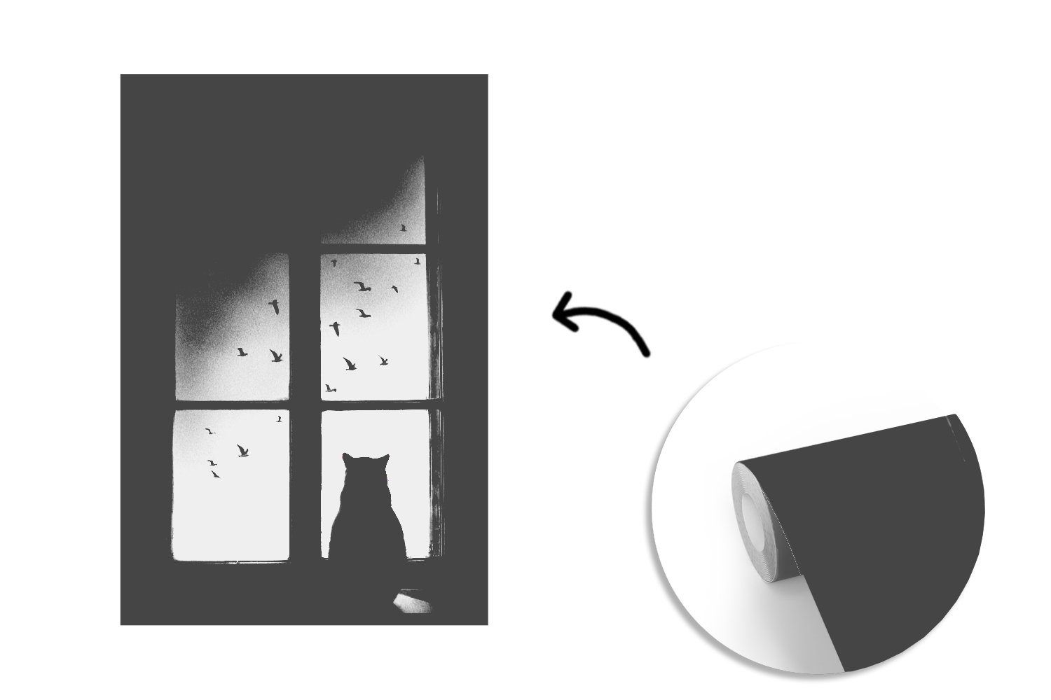 Schwarz Montagefertig Katze (3 St), Fenster, - Wandtapete Tapete - bedruckt, und Vinyl für weiß Fototapete Wohnzimmer, Tiere Matt, - MuchoWow