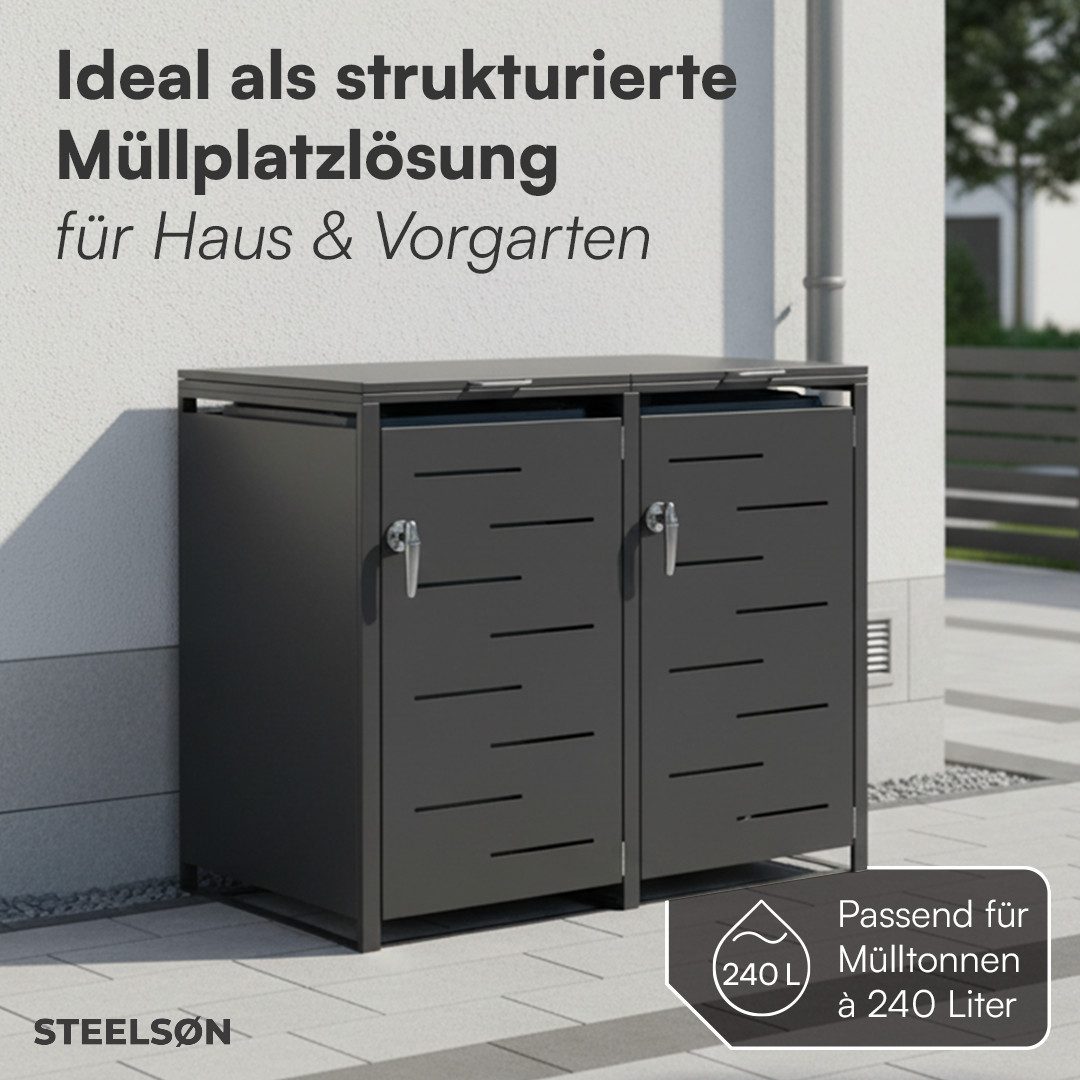 STEELSØN Mülltonnenbox Diorus 240L, abschließbar (Graphitschwarz, verfügbar mit 1, 2, 3, 4, oder 5 Türen), aus verzinktem Stahl