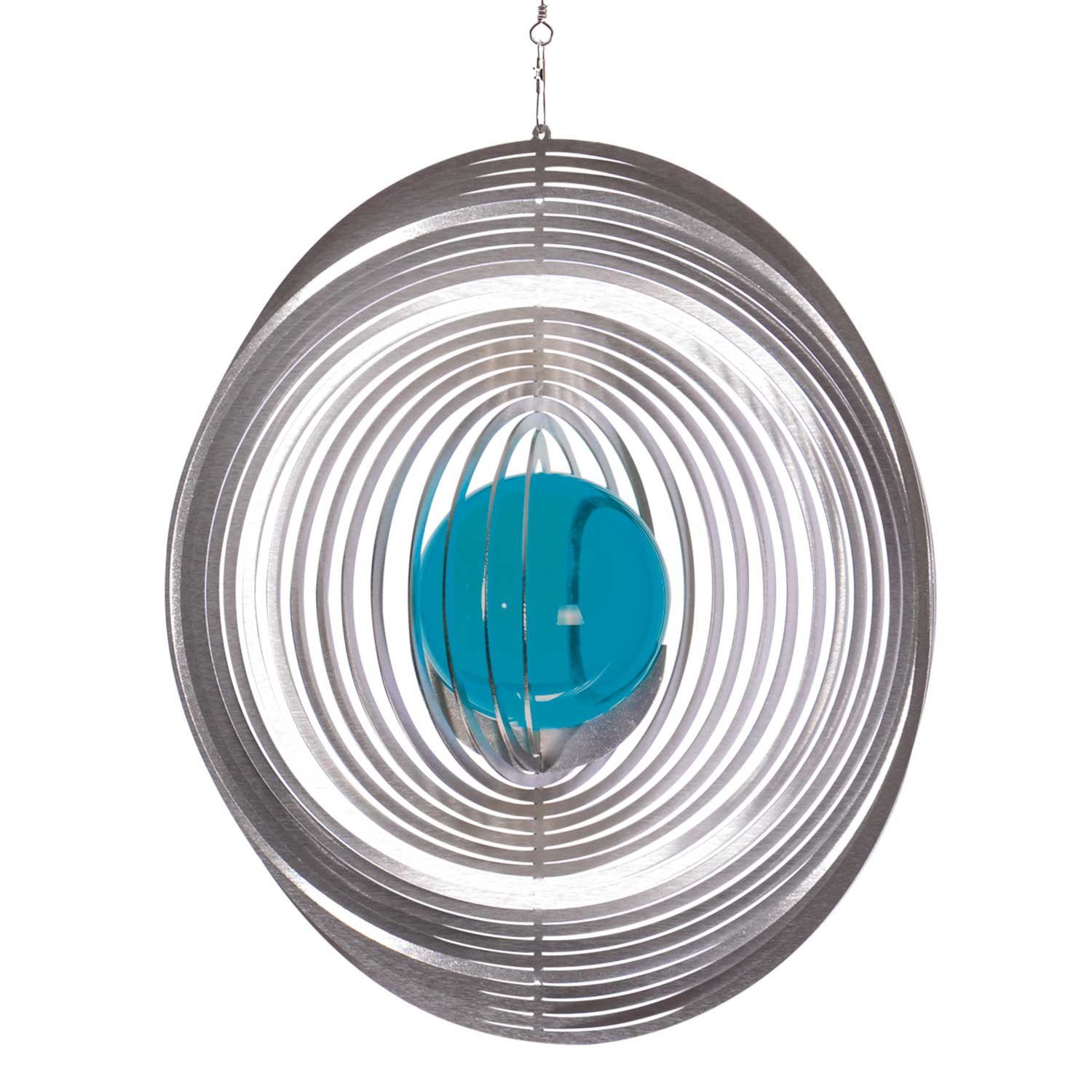ILLUMINO Windspiel Edelstahl Windspiel Kreis mit türkiser 35mm Glaskugel Metall