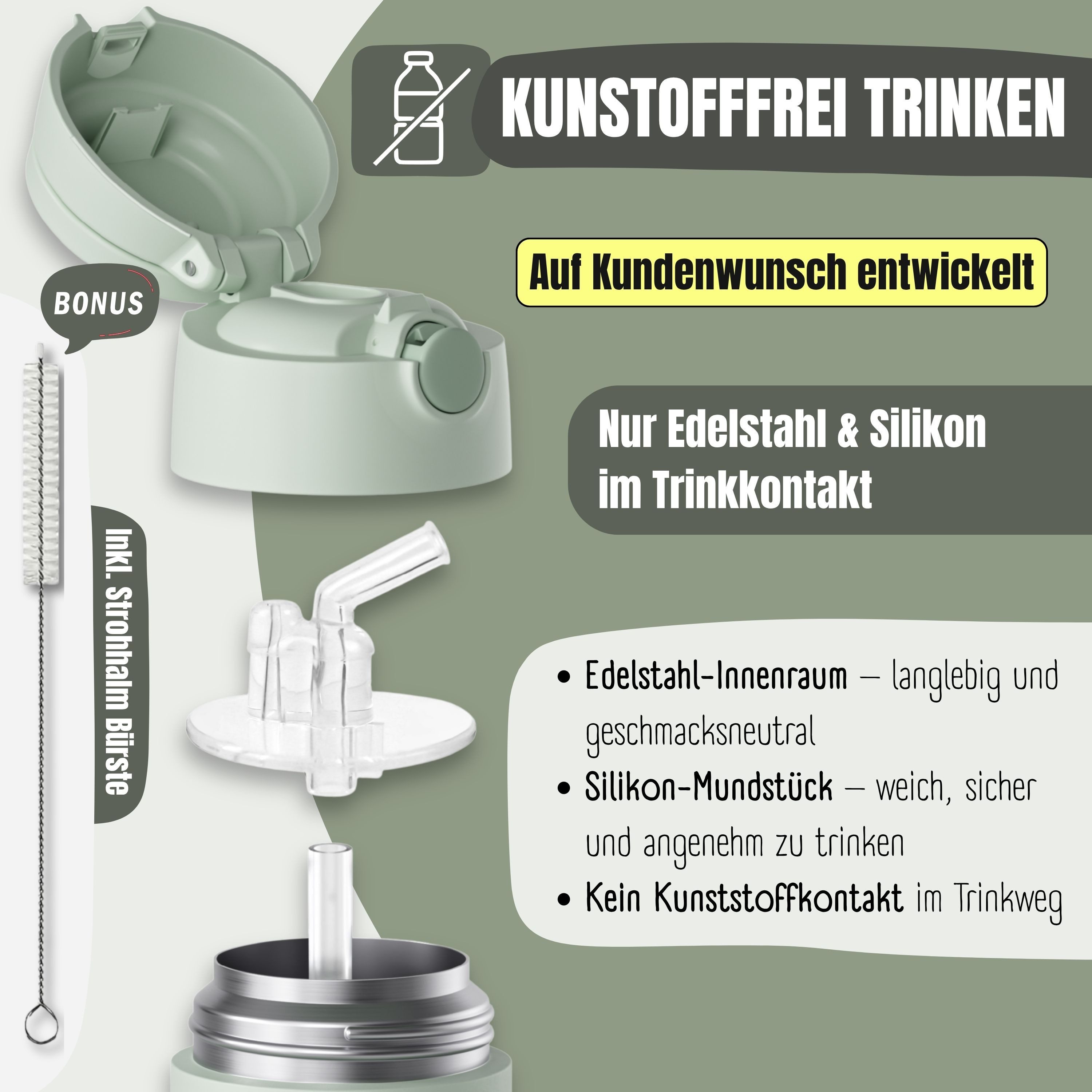BEARFOOT Trinkflasche Thermo Kinder Trinkflasche Edelstahl - grün, Thermosflasche, auslaufsicher, Edelstahl, Kinderflasche, BPA-frei – Bild 5 von 5