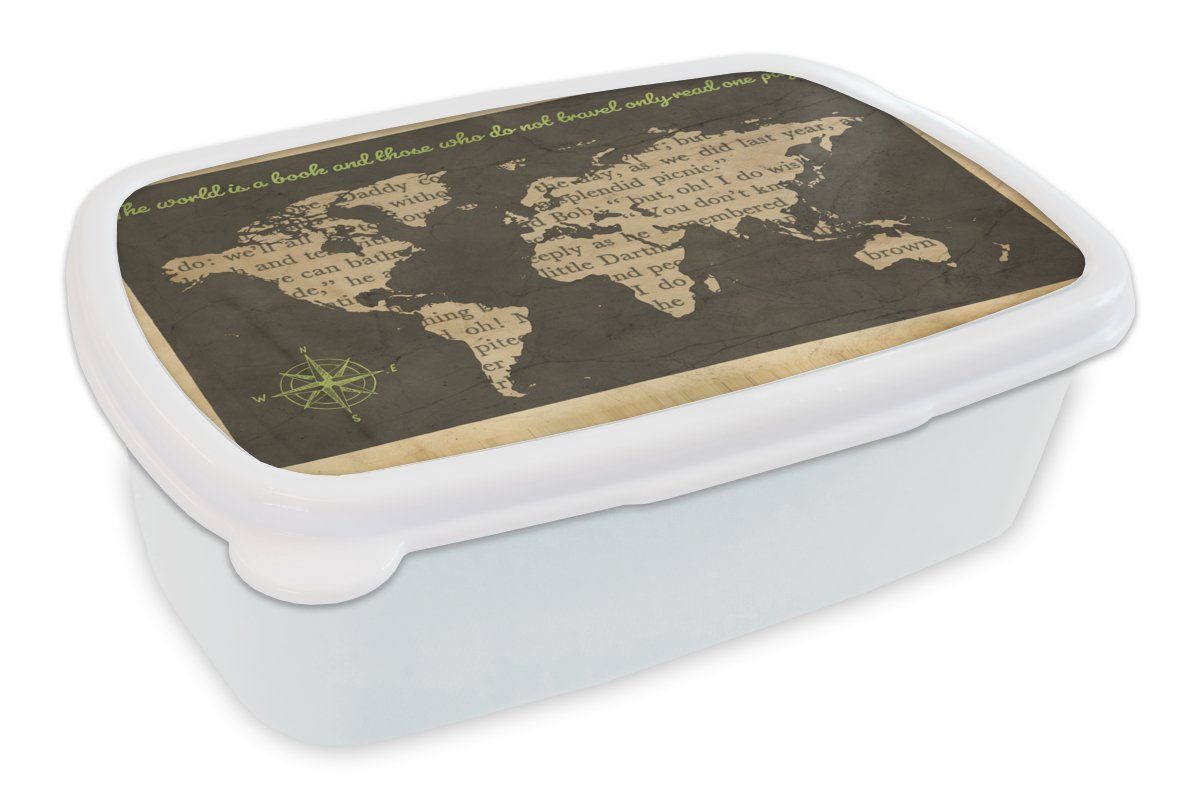 MuchoWow Lunchbox Weltkarte - Zitat - Buch, Kunststoff, (2-tlg), Brotbox für Kinder und Erwachsene, Brotdose, für Jungs und Mädchen weiß