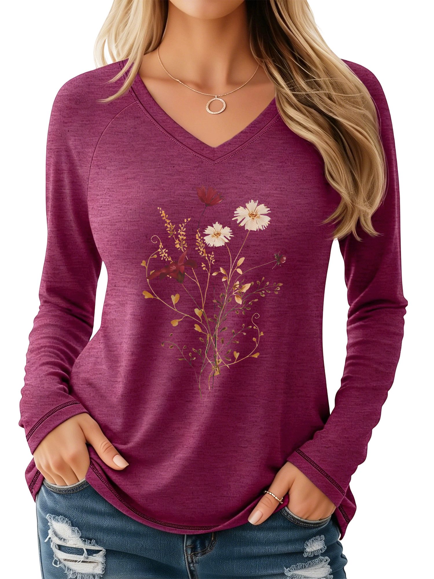 PYLIKE Longsleeve Damen bequemes Elegant Longsleeve Shirt mit Blumen Print Geeignet für den täglichen Gebrauch im Büro und zu Hause