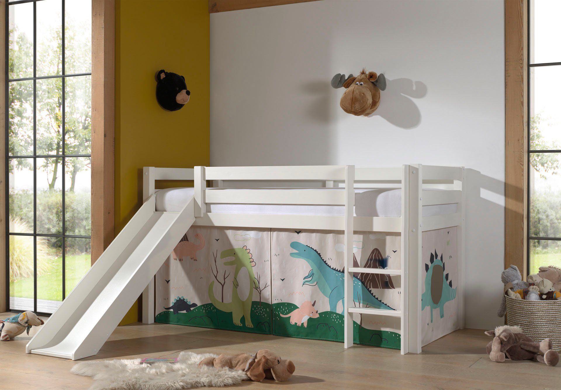 Vipack Spielbett Pino, Kiefer massiv, mit Rolllattenrost u. Textil-Set, Made in Europe (B/H/T ca. 210x114x218cm, mit Absturzschutz, Leiter und Rutsche), verschiedene Textil-Designs und Holzfarben zur Wahl
