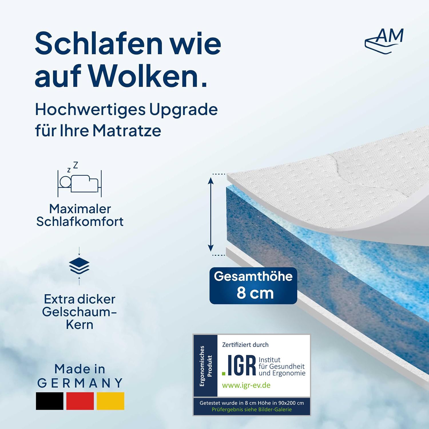 AM Qualitätsmatratzen, Topper Premium Gelschaum-Topper, Memory Foam, 8 cm hoch, 80x200 cm