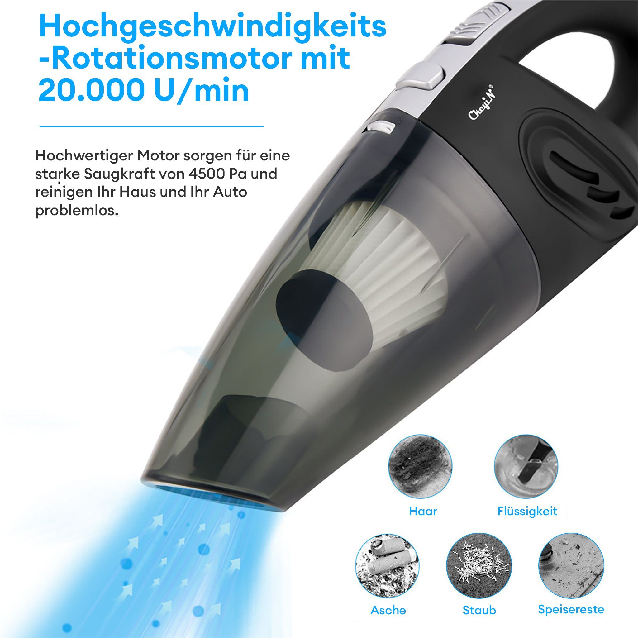 CkeyiN Akku-Handstaubsauger 3200Pa Kabelloser Nass-Trocken-Nutzung Staubsauger mit 5 Düsen, 120,00 W, mit Beutel, 20 Min. Laufzeit, kleiner Handstaubsauger für Auto/ Haus