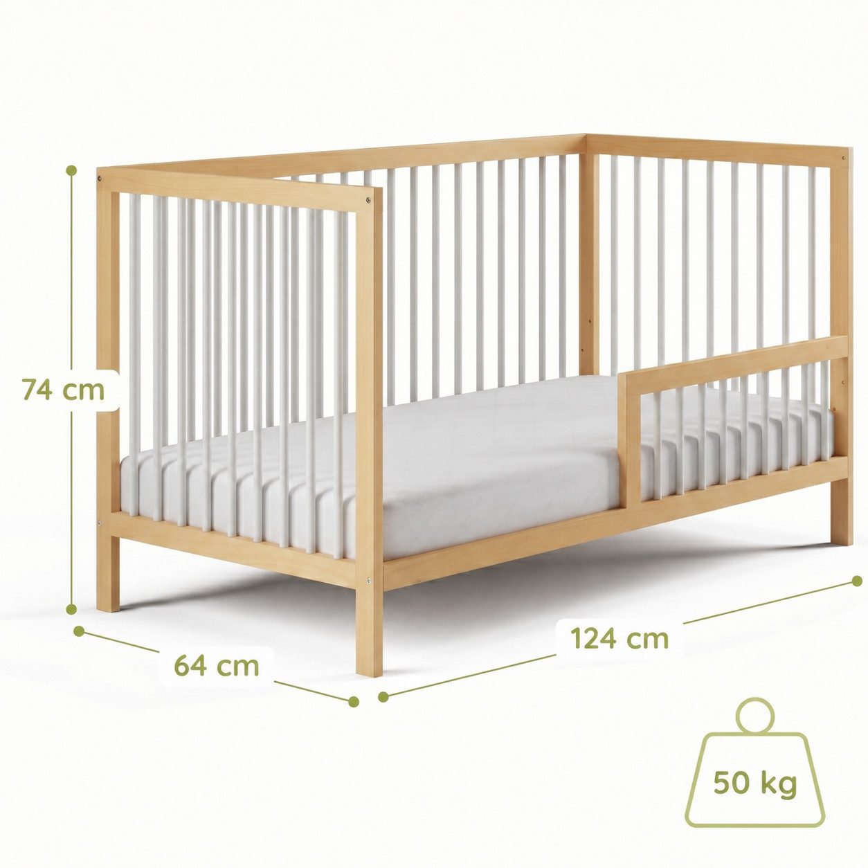 Kids Collective Babybett Kinderbett Gitterbett Baby Bett mit Rausfallschutz 60x120 70x140, stabiles Buchenholz, made in Europe 60x120 cm Natur und Weiß