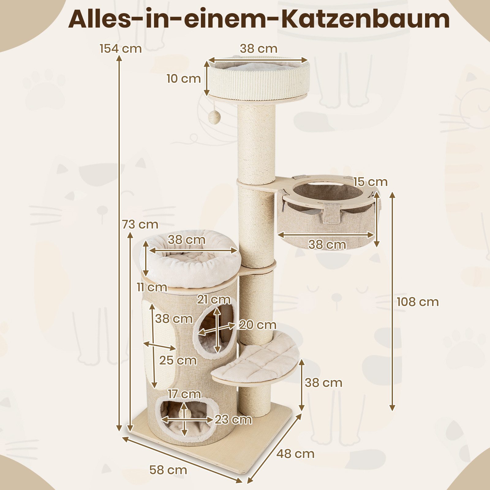 KOMFOTTEU Kratzbaum, mit 2-stöckiger Katzenwohnung & 2 Sitzstangen