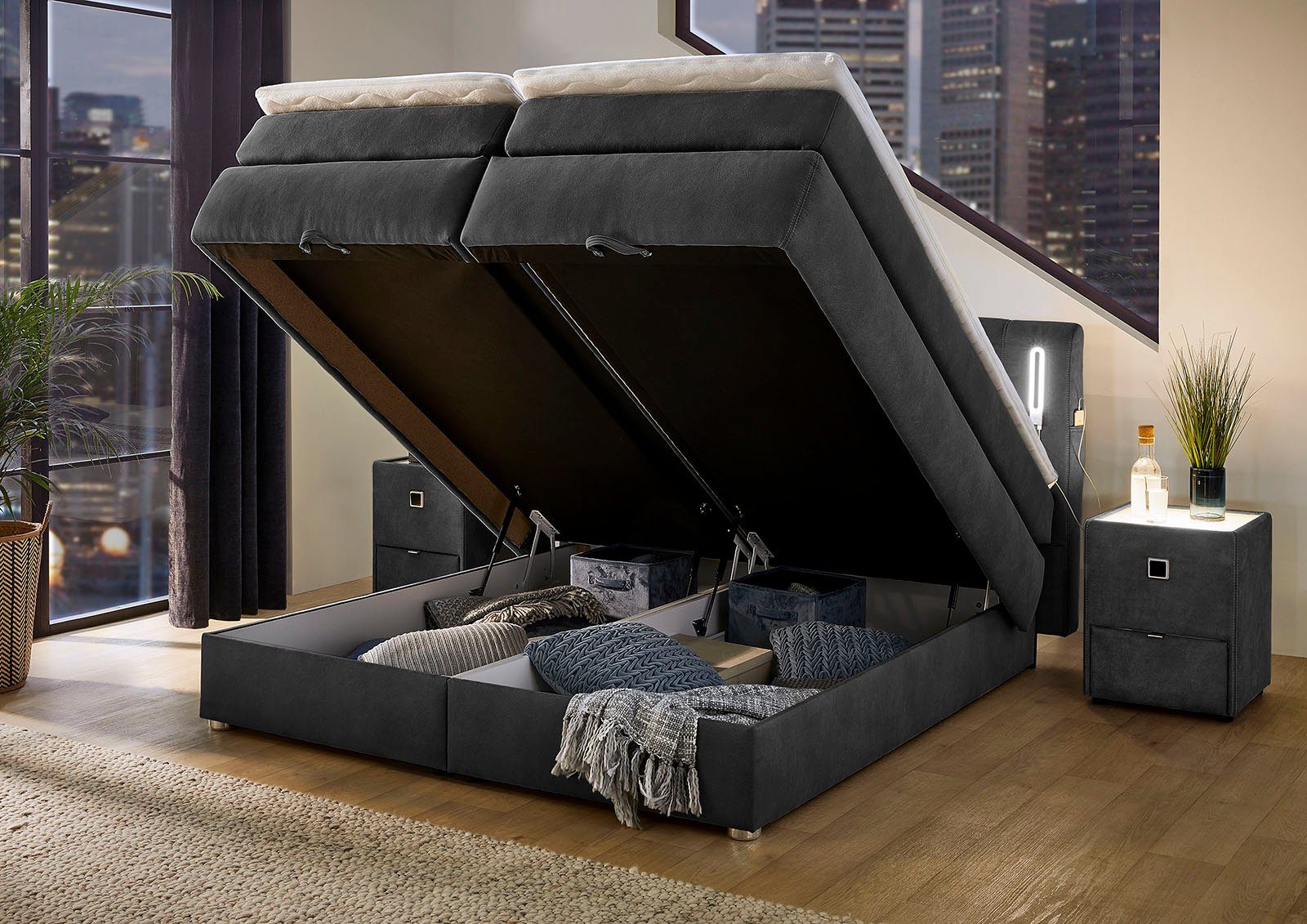 Jockenhöfer Gruppe Boxspringbett KATI mit Stauraum, inkl. Bonnellmatratze H2/H3 (Mit PUR-Schaum-Topper), Höhenverstellbares Kopfteil mit LED´s, USB- Ladeports 1 – Bild 4 von 5