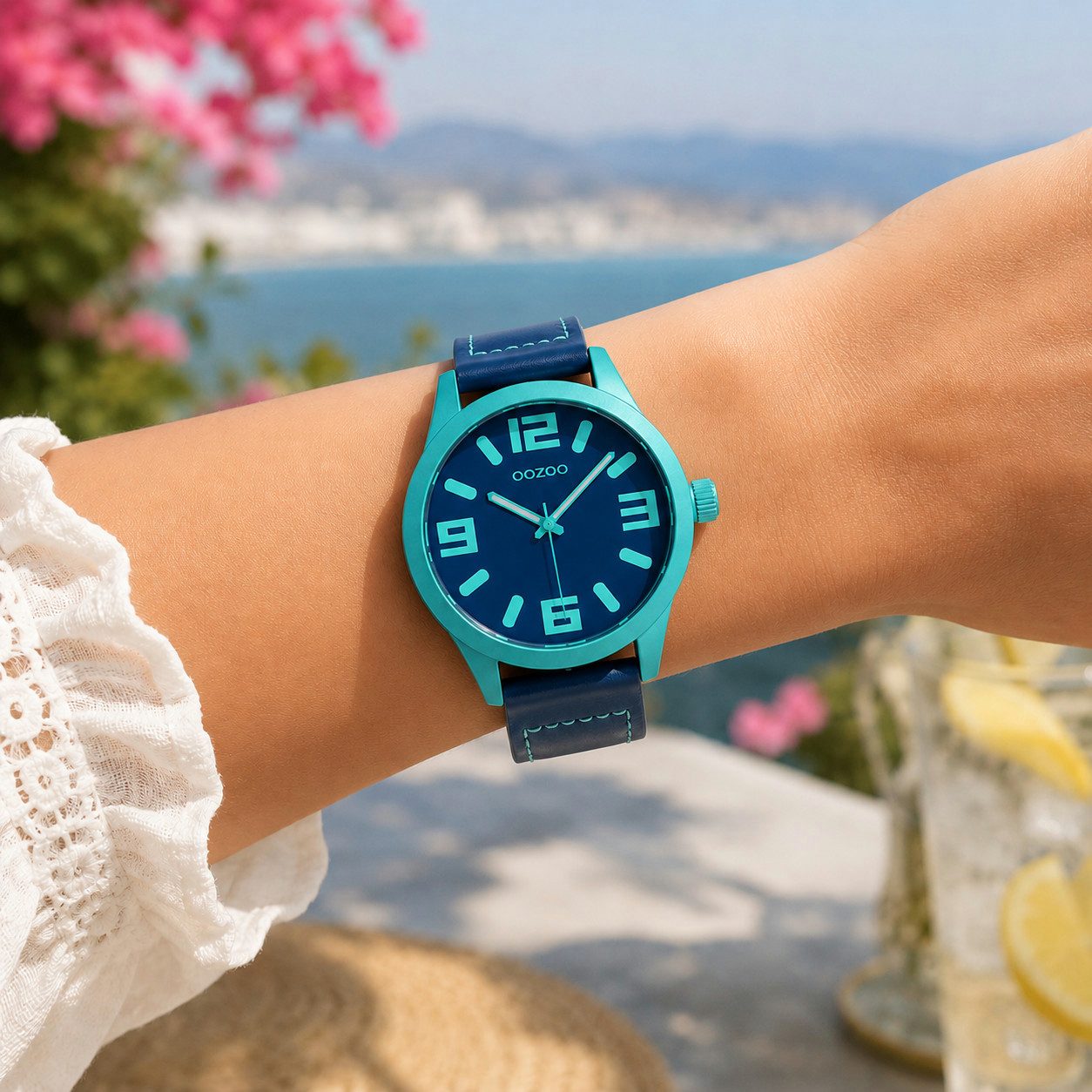 OOZOO Quarzuhr XXL Unisex Uhr C0912 Aquagrün Dunkelblau 46 mm Lederband