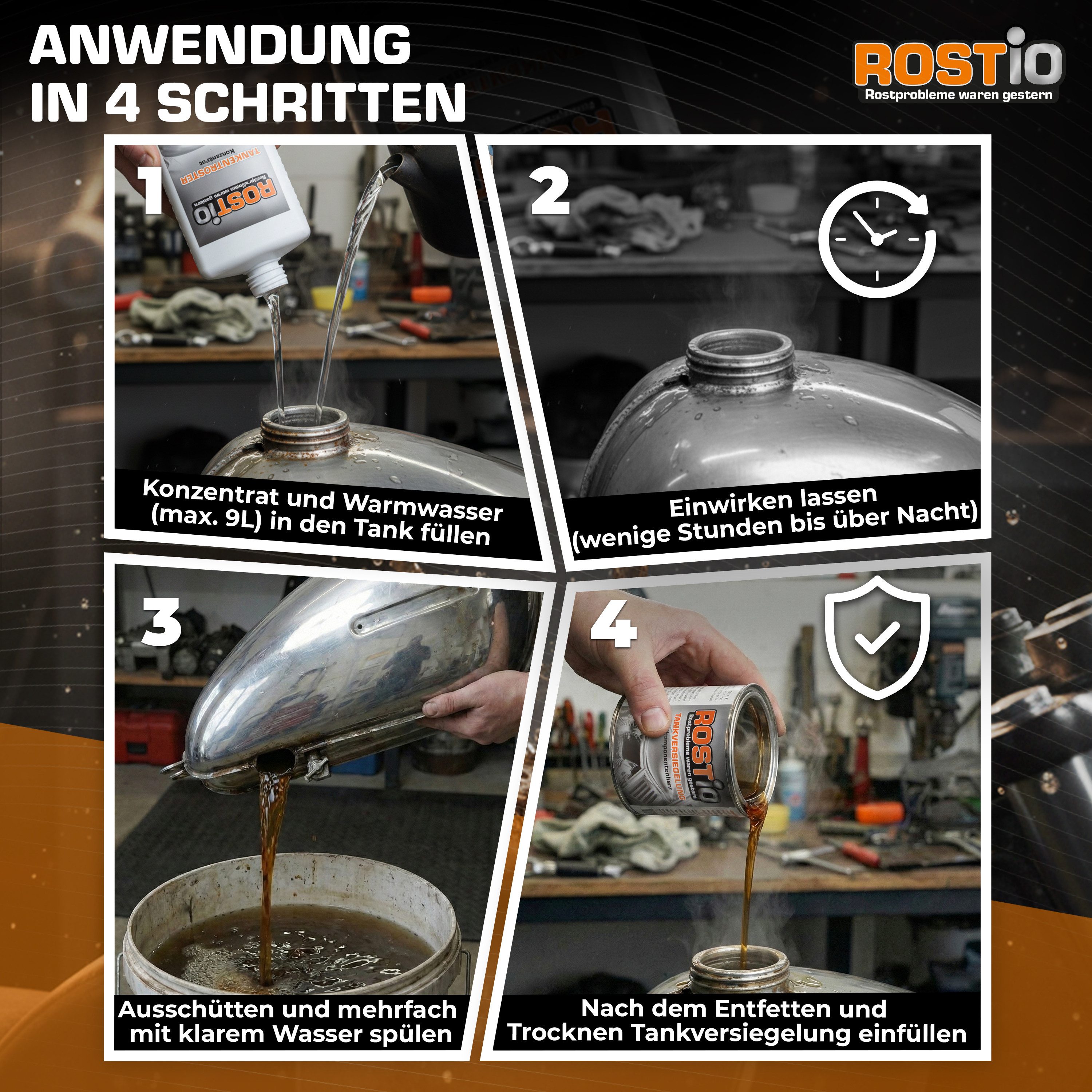 Rostio Tankentroster Set - 1 Liter Konzentrat + 250ml Tankversiegelung Rostentferner