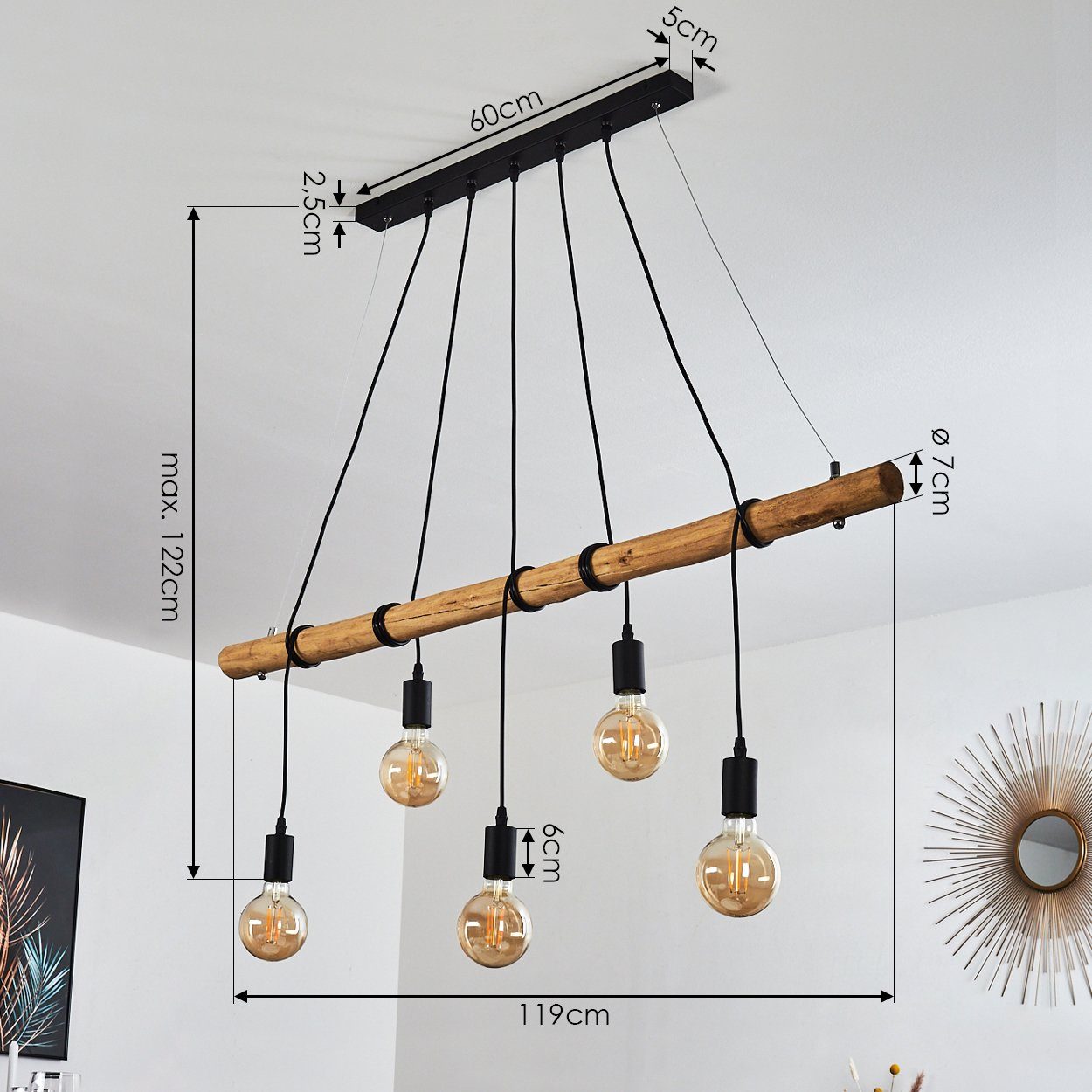 Schwarz/Braun, Pendelleuchte in Metall/Holz »Porzus« Metall/Holz Leuchtmittel, in E27 Hängelampe ohne Schwarz/Braun, 5-flammig, hofstein aus