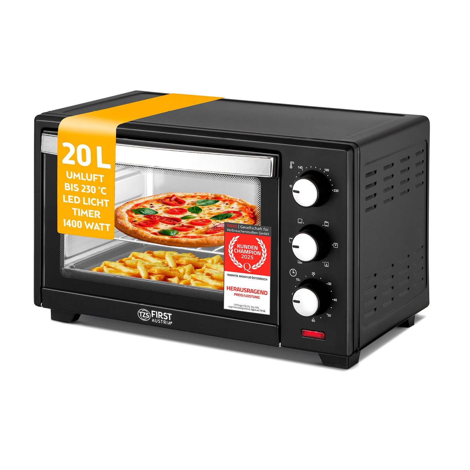 TZS FIRST AUSTRIA Minibackofen 20L 1380W, stufenlose Temperaturregelung bis 230°C, 60 Min Timer, 3 Einschubhöhen, Doppelglastür, Umluftfunktion
