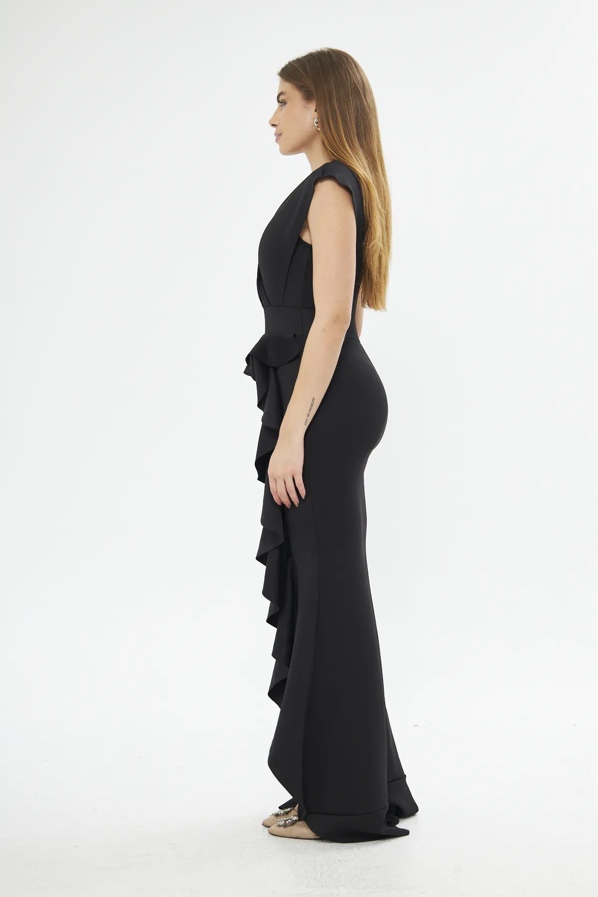 WOMAN VISION Minikleid Damen Stretch Scuba Stoff Wickelkragen Rüschen Ärmellos Maxi Lila Klei