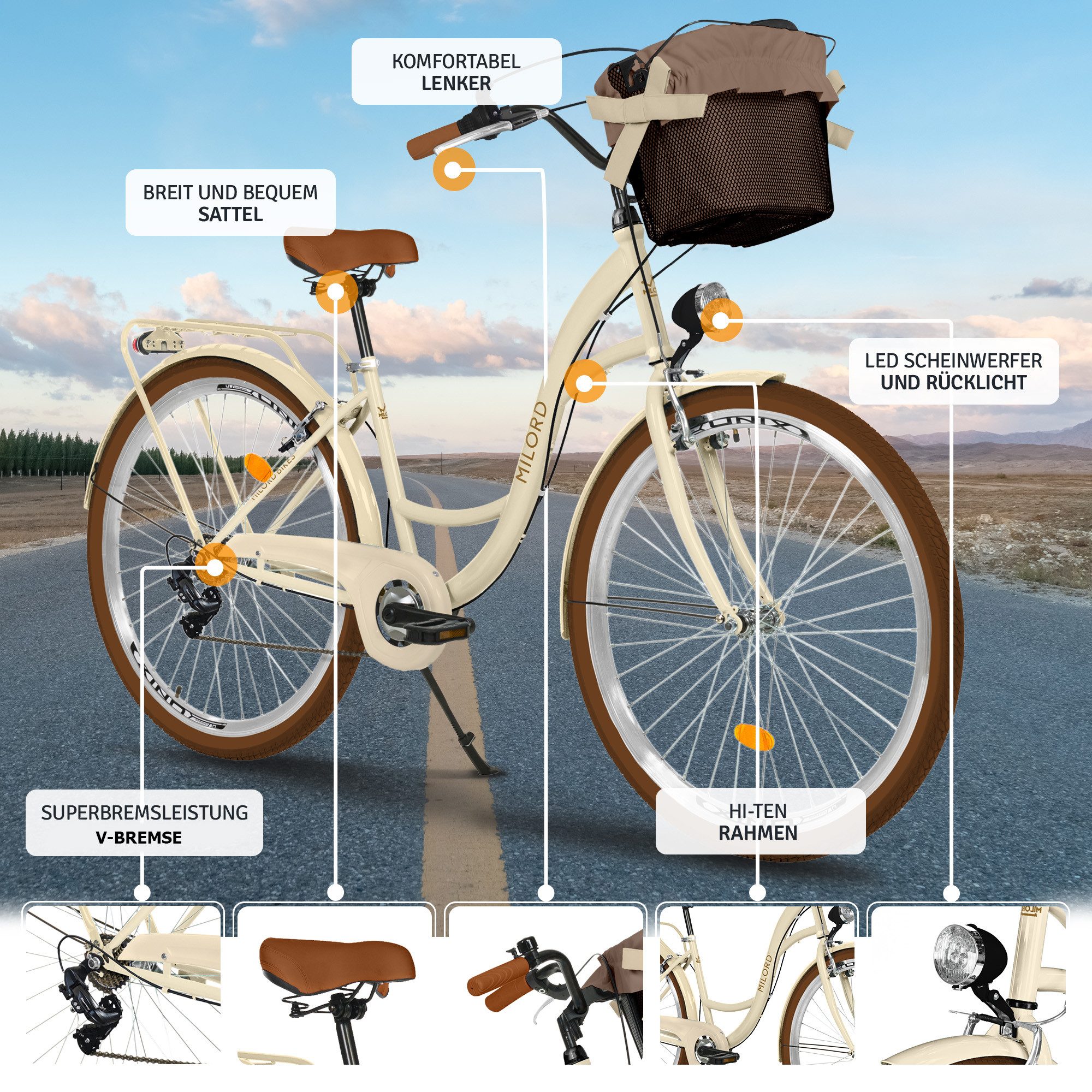 Milord Cityrad Milord City Fahrrad Korb Damenfahrrad, 28 Zoll, Beige-Braun, 7-Gang, 7 Gang, (Fahrradständer, Gepäckträger, Klingel, Korb, Kotflügel)